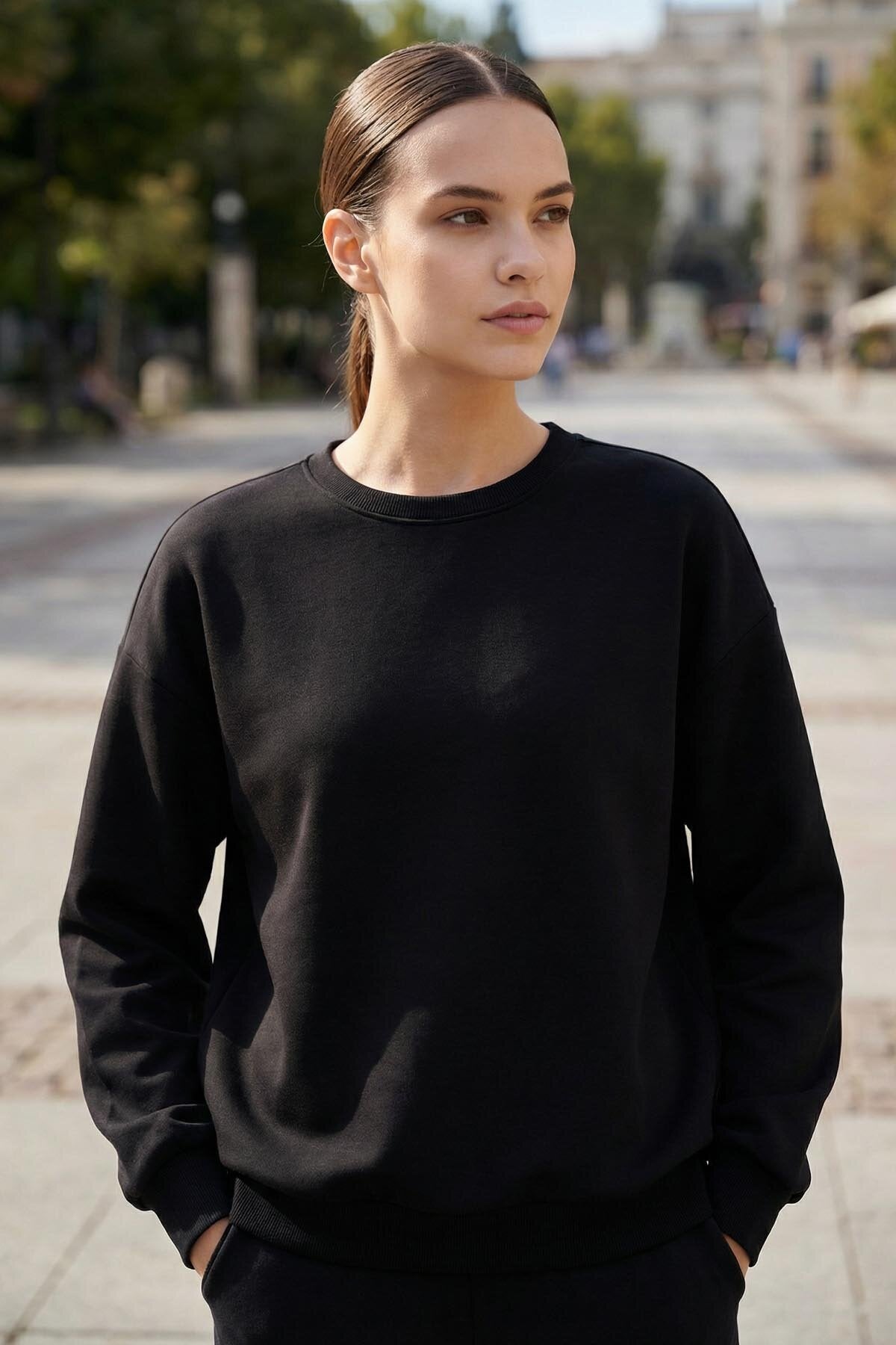 Basic Oversıze O Yaka 2'li Paket Siyah-Ekru Kadın Sweatshirt - 97053