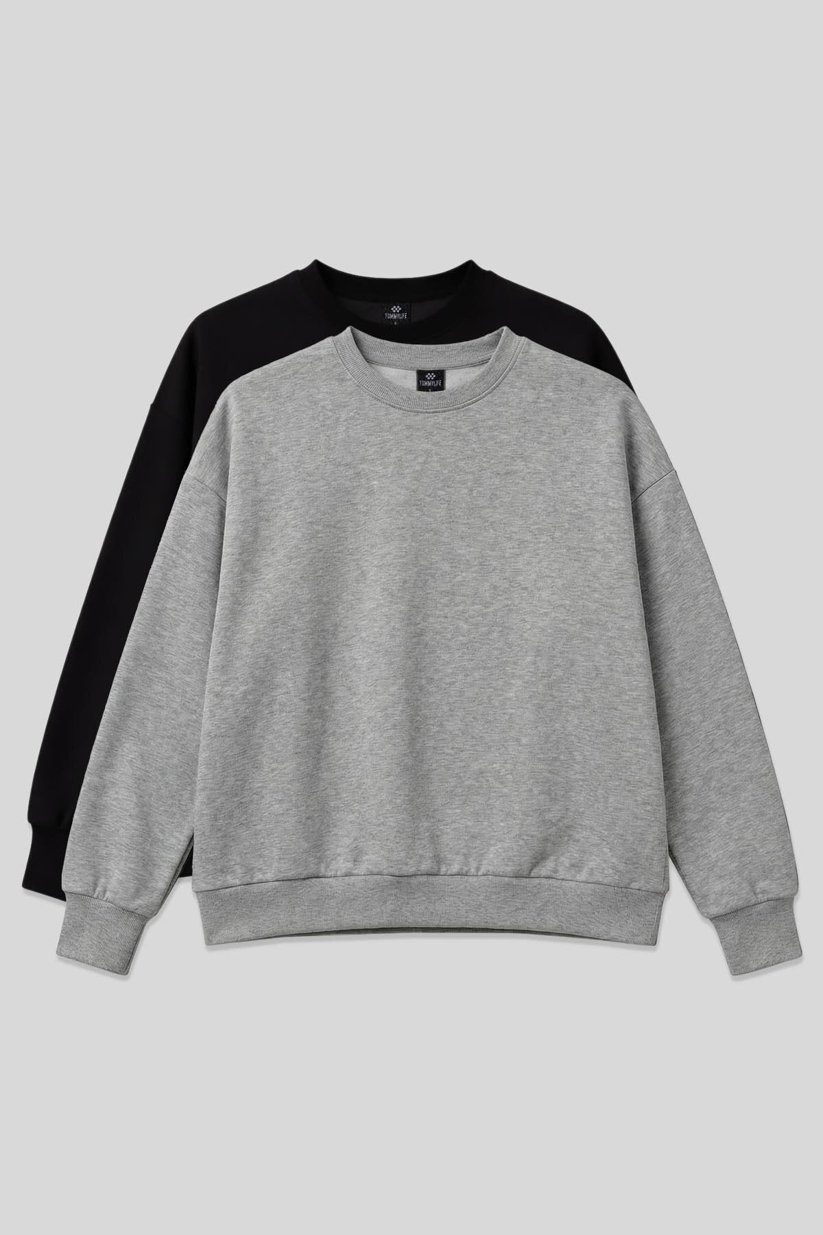 Basic Oversıze O Yaka 2'li Paket Siyah-Gri Melanj Kadın Sweatshirt - 97053