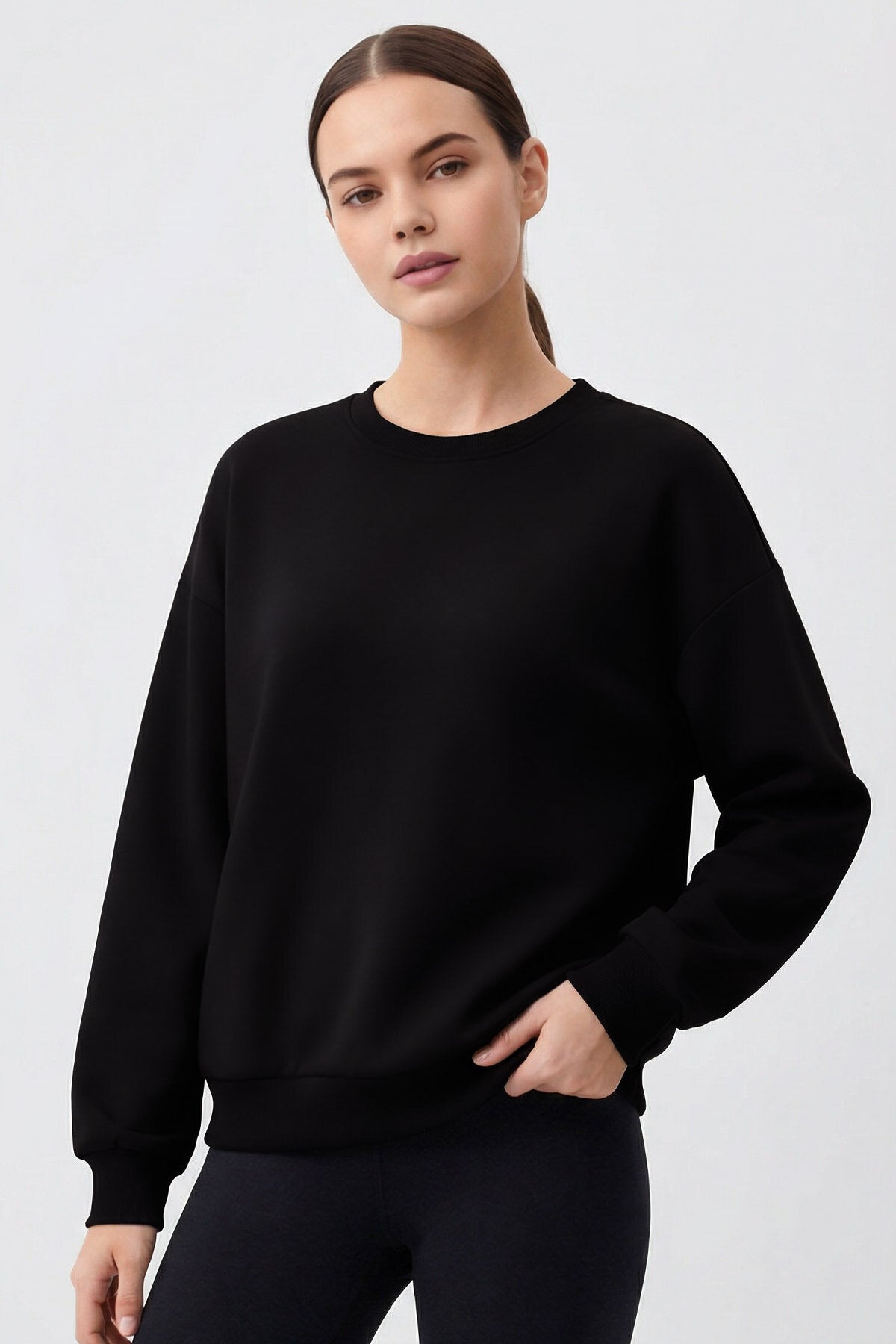 Basic Oversıze O Yaka 2'li Paket Siyah Kadın Sweatshirt - 97053