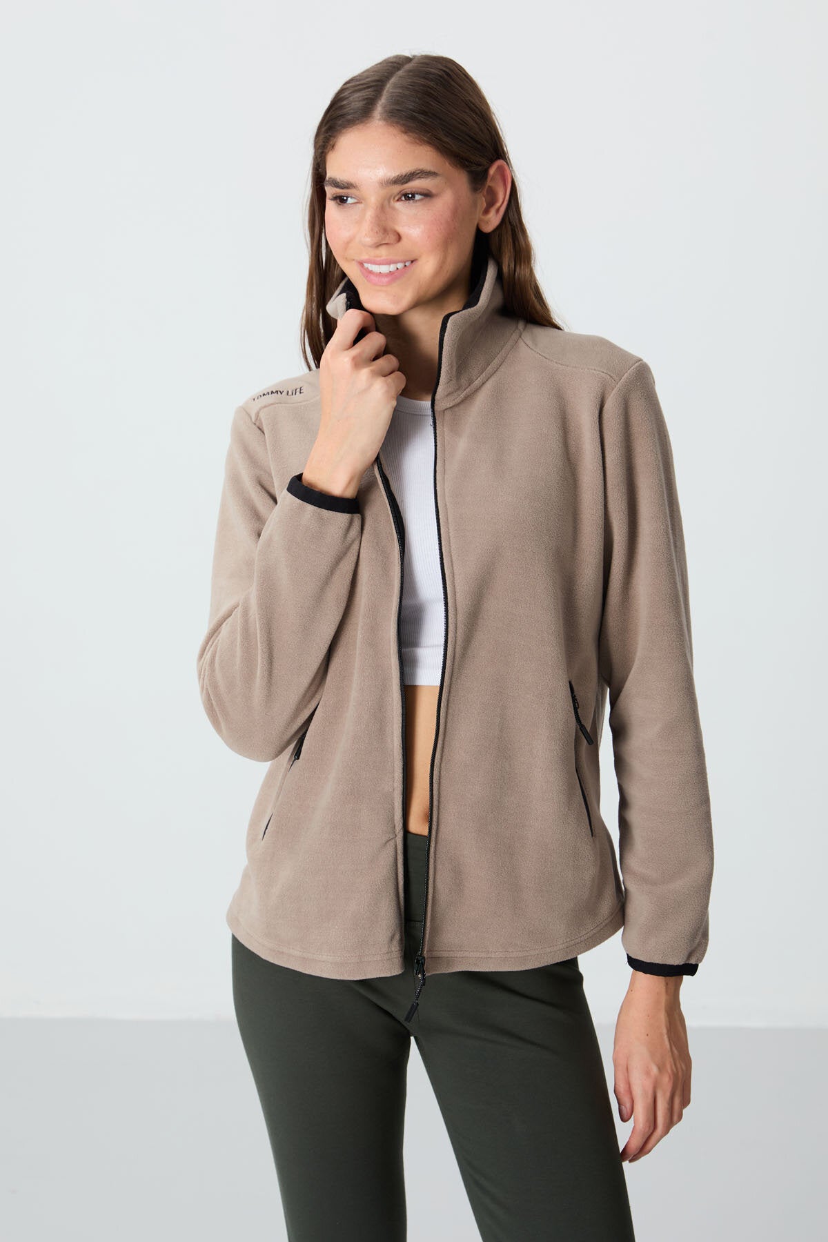 Rahat Form Dik Yaka 2'li Paket Siyah-Koyu Bej Kadın Polar Sweatshirt - 97173