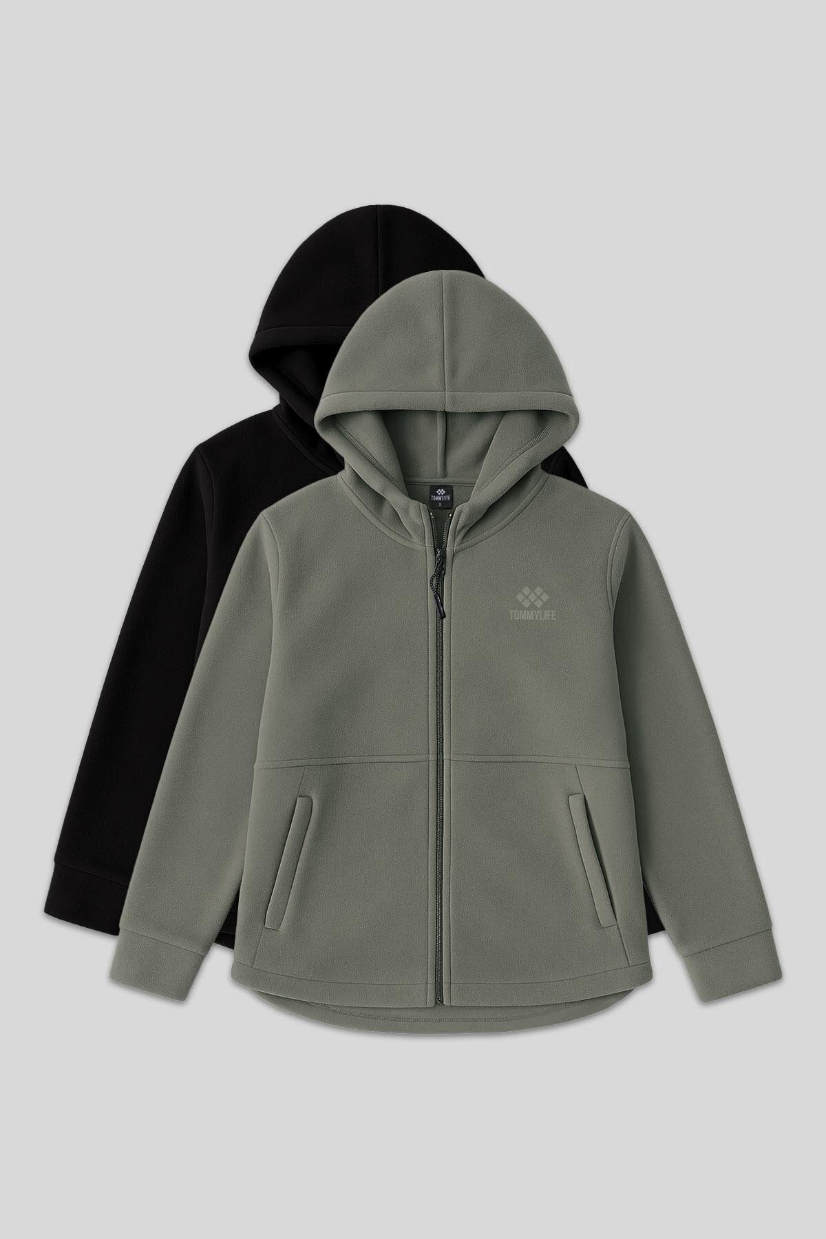 Rahat Form Kapüşonlu 2'li Paket Siyah-Çağla Kadın Polar Sweatshirt - 97233