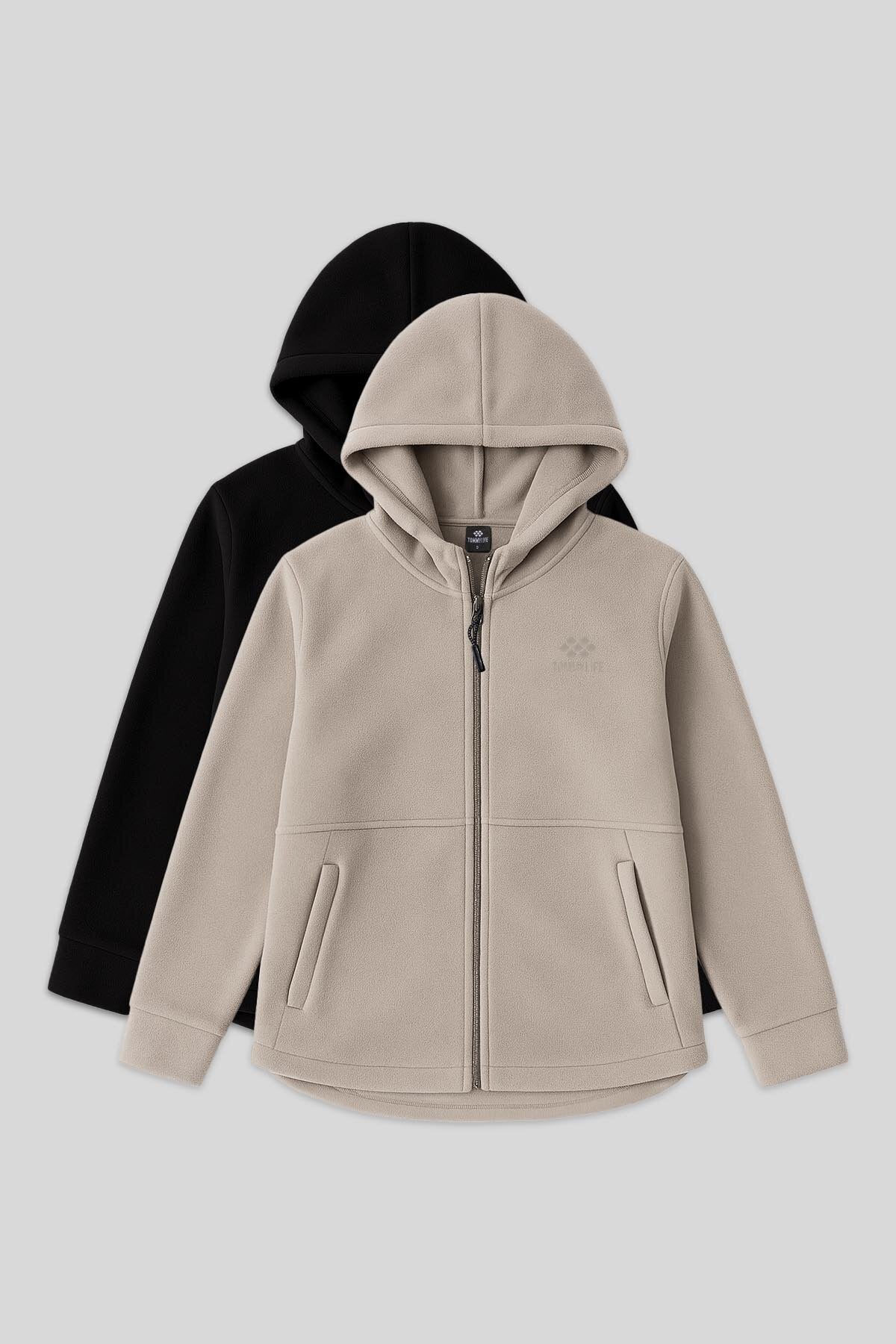 Rahat Form Kapüşonlu 2'li Paket Siyah-Koyu Bej Kadın Polar Sweatshirt - 97233