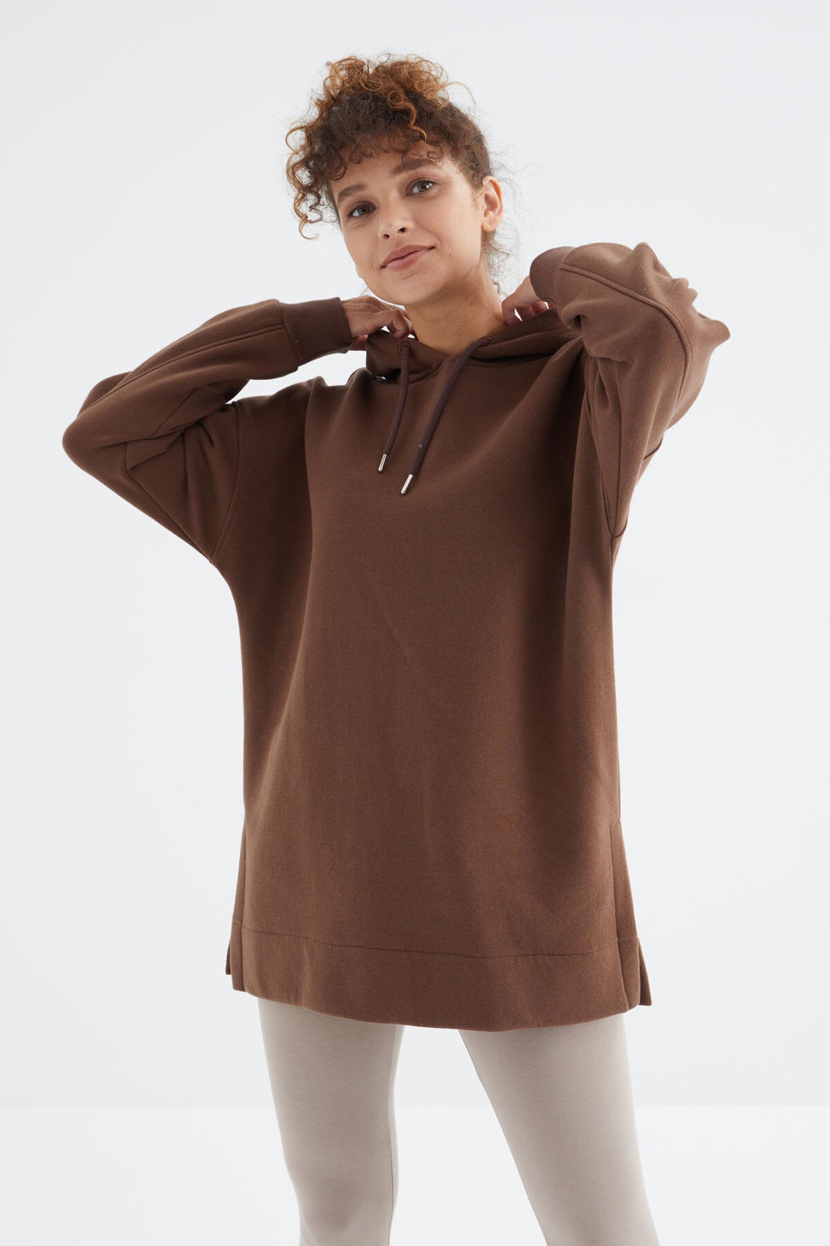 Oversize Kapüşonlu 2'li Paket Ekru-Kahverengi Kadın Tunik Sweatshirt - 97242