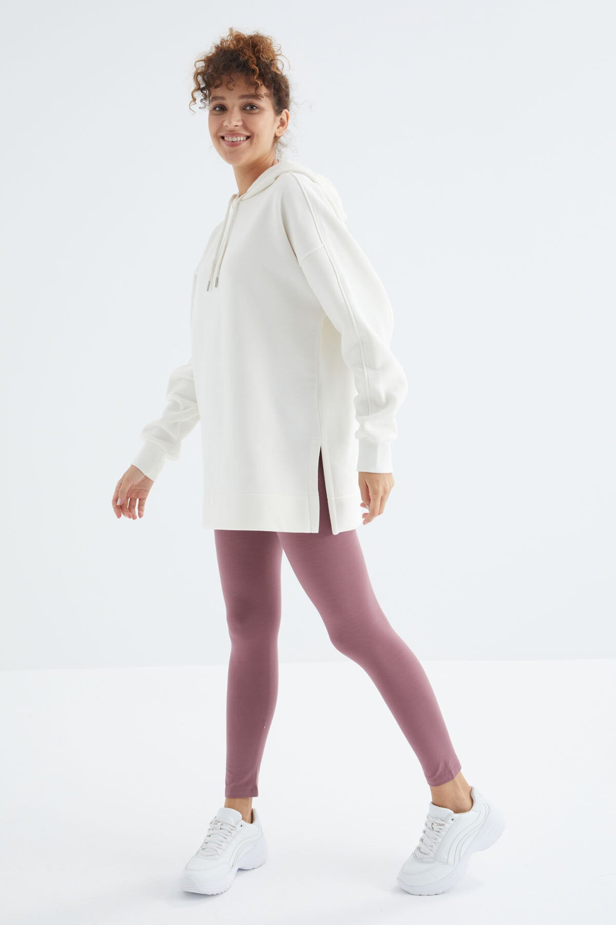 Oversize Kapüşonlu 2'li Paket Ekru-Yaban Gülü Kadın Tunik Sweatshirt - 97242