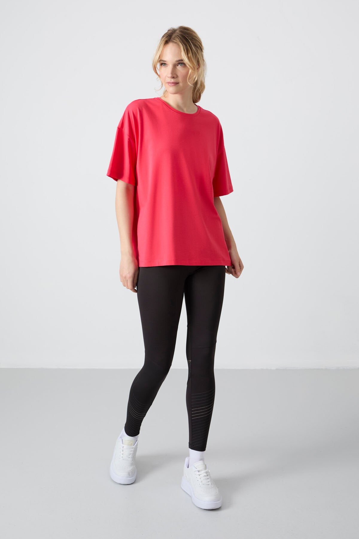 Oversize Fit Basic O Yaka 3'lü Paket Siyah-Beyaz-Rose Kadın T-Shirt 97285