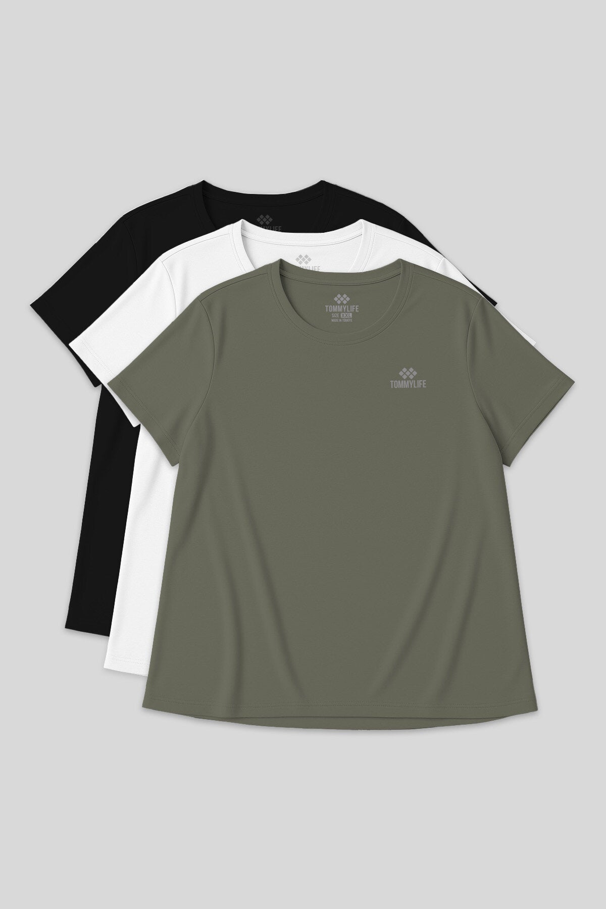 Rahat Form 3'lü Paket Siyah-Beyaz-Haki Battal Kadın T-Shirt - 97308
