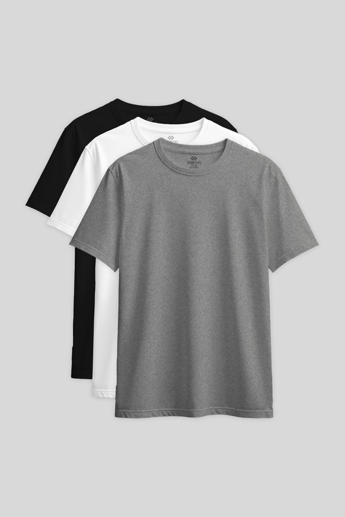Standart Fit Basic O Yaka 3'lü Paket Siyah-Beyaz-Gri Melanj Kadın T-Shirt - 97311