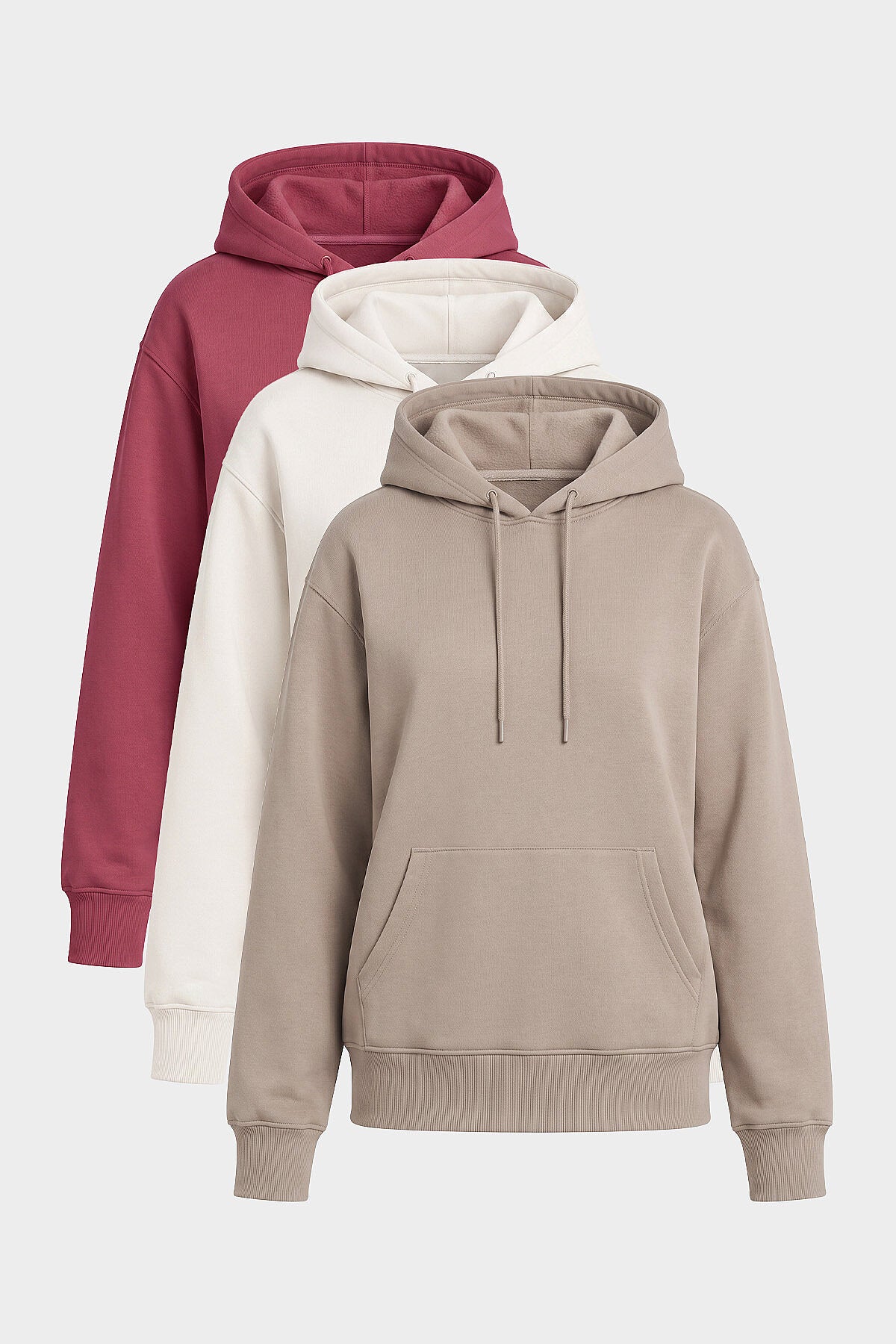 Standart Kapüşonlu 3'lü Paket Ekru-Yaban Gülü-Koyu Bej Kadın Sweatshirt - 97321