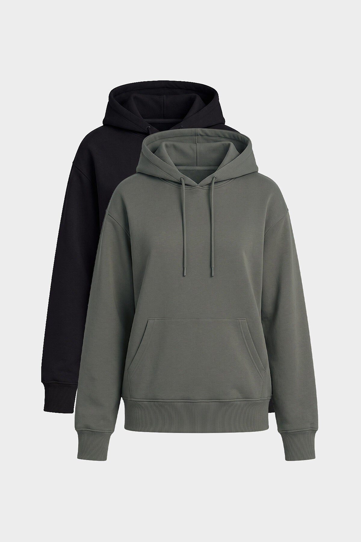 Standart Kapüşonlu 2'li Paket Siyah-Haki Kadın Sweatshirt - 97321