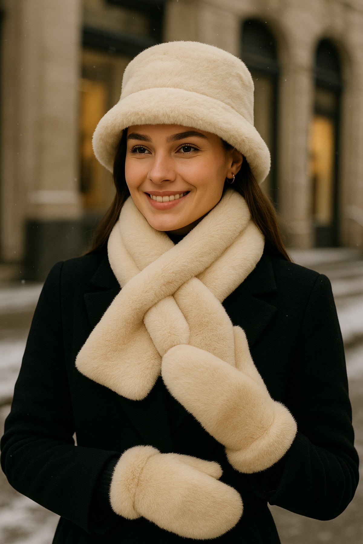 Kadın Kışlık 3’lü Kürklü Set (Şapka + Atkı + Eldiven) – Bej , SET04