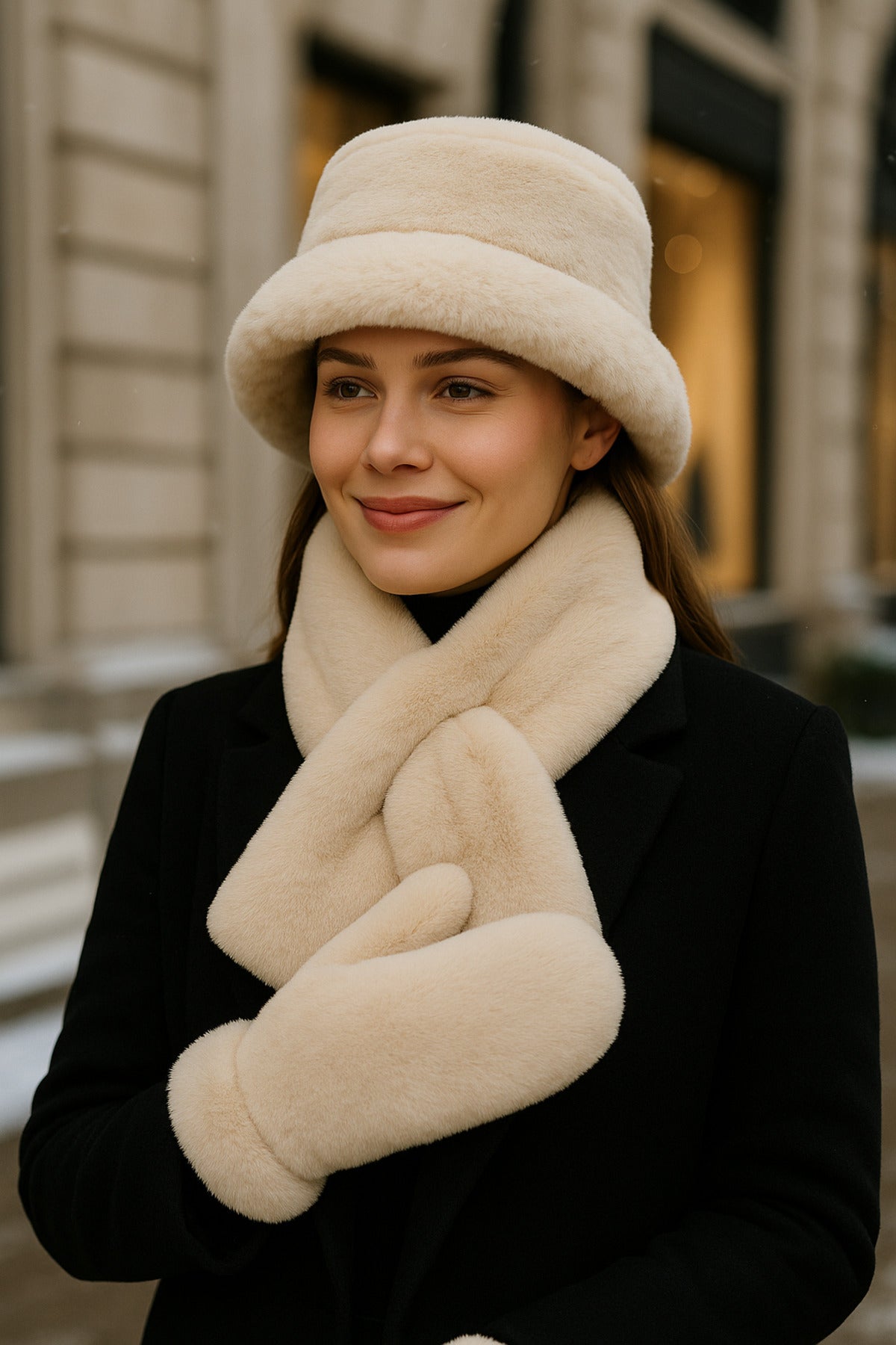 Kadın Kışlık 3’lü Kürklü Set (Şapka + Atkı + Eldiven) – Bej , SET04