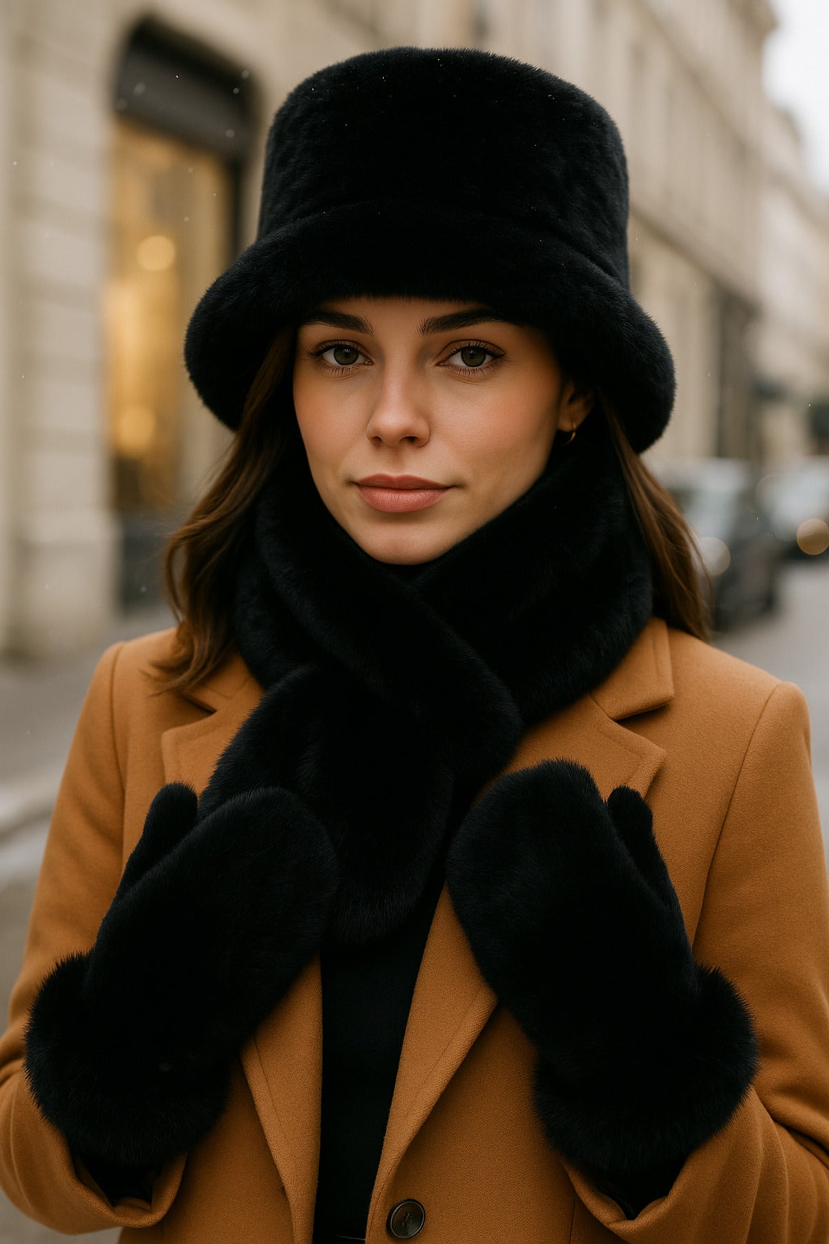 Kadın Kışlık 3’lü Kürklü Set (Şapka + Atkı + Eldiven) – Siyah , SET04