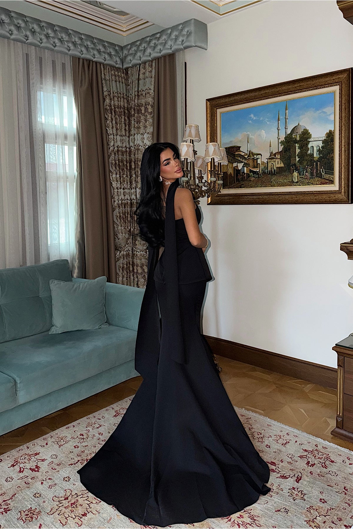 Siyah Benedita Uzun Fularlı Elbise ATE-3522