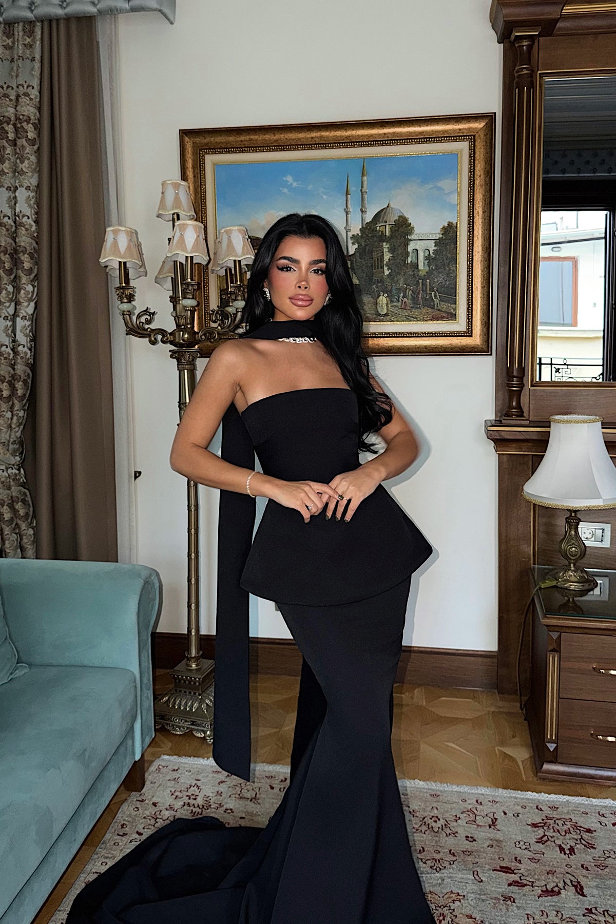 Siyah Benedita Uzun Fularlı Elbise ATE-3522