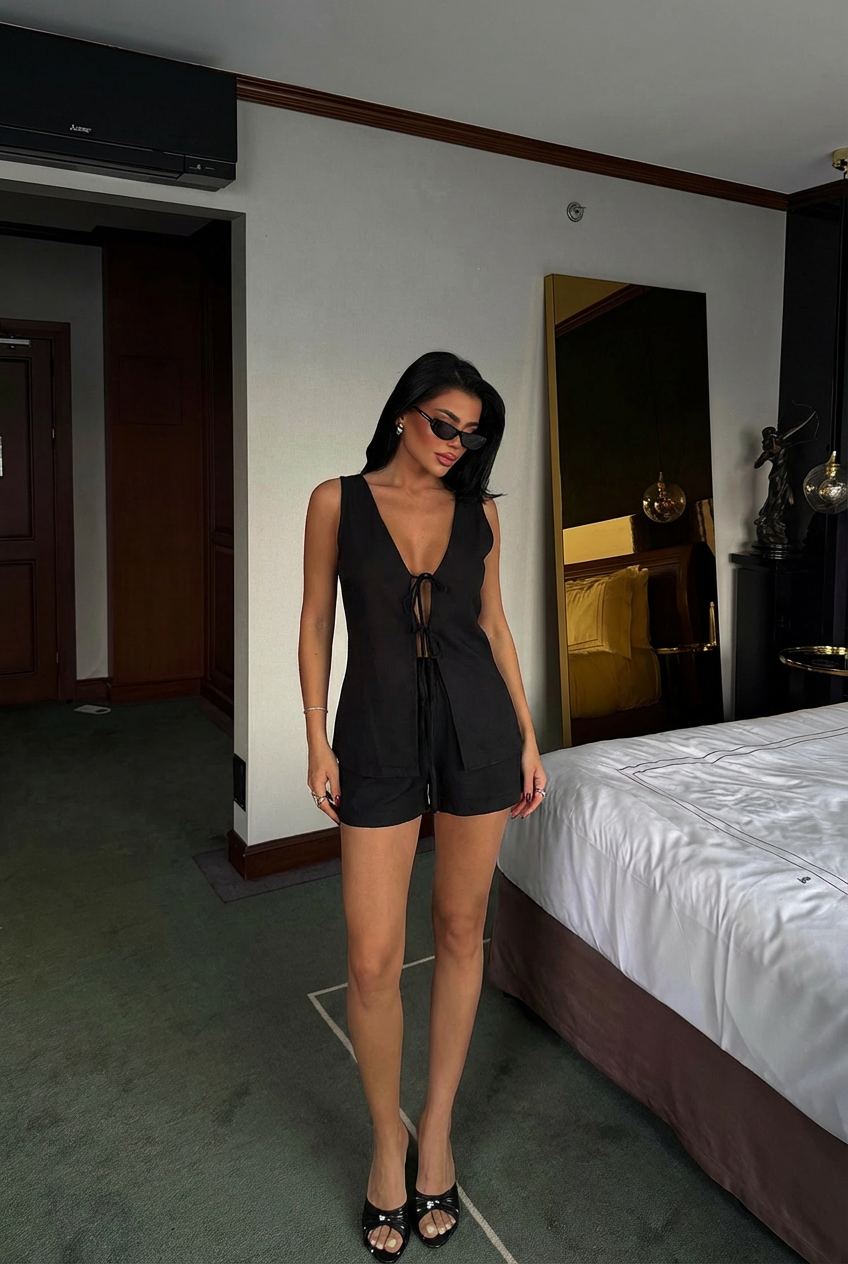 Siyah Luiza Mini Keten Bağlamalı Takım ATE-2963