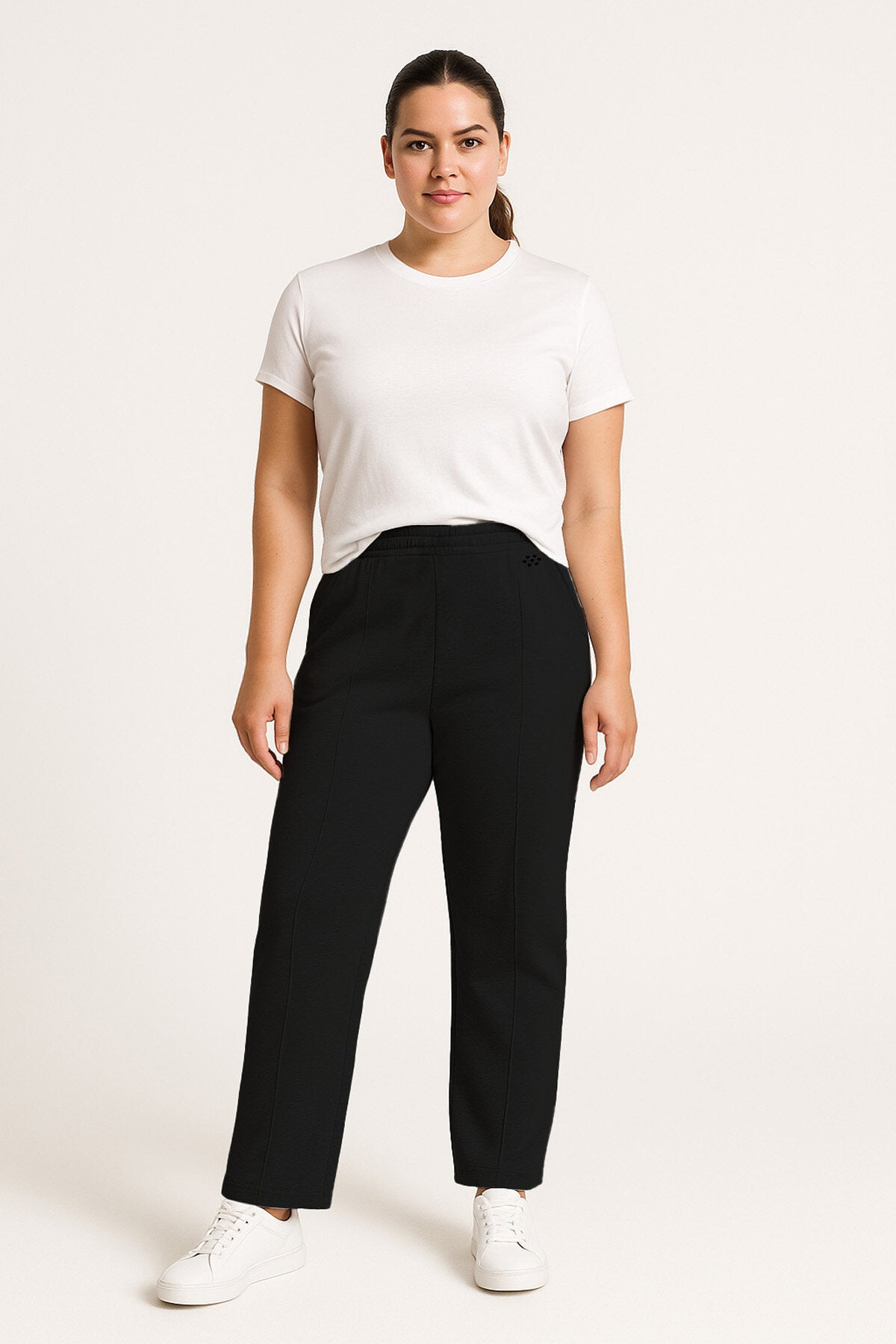 Siyah Geniş Paça Ön Dikiş Detaylı Battal Büyük Beden Kadın Eşofman Altı - 94654