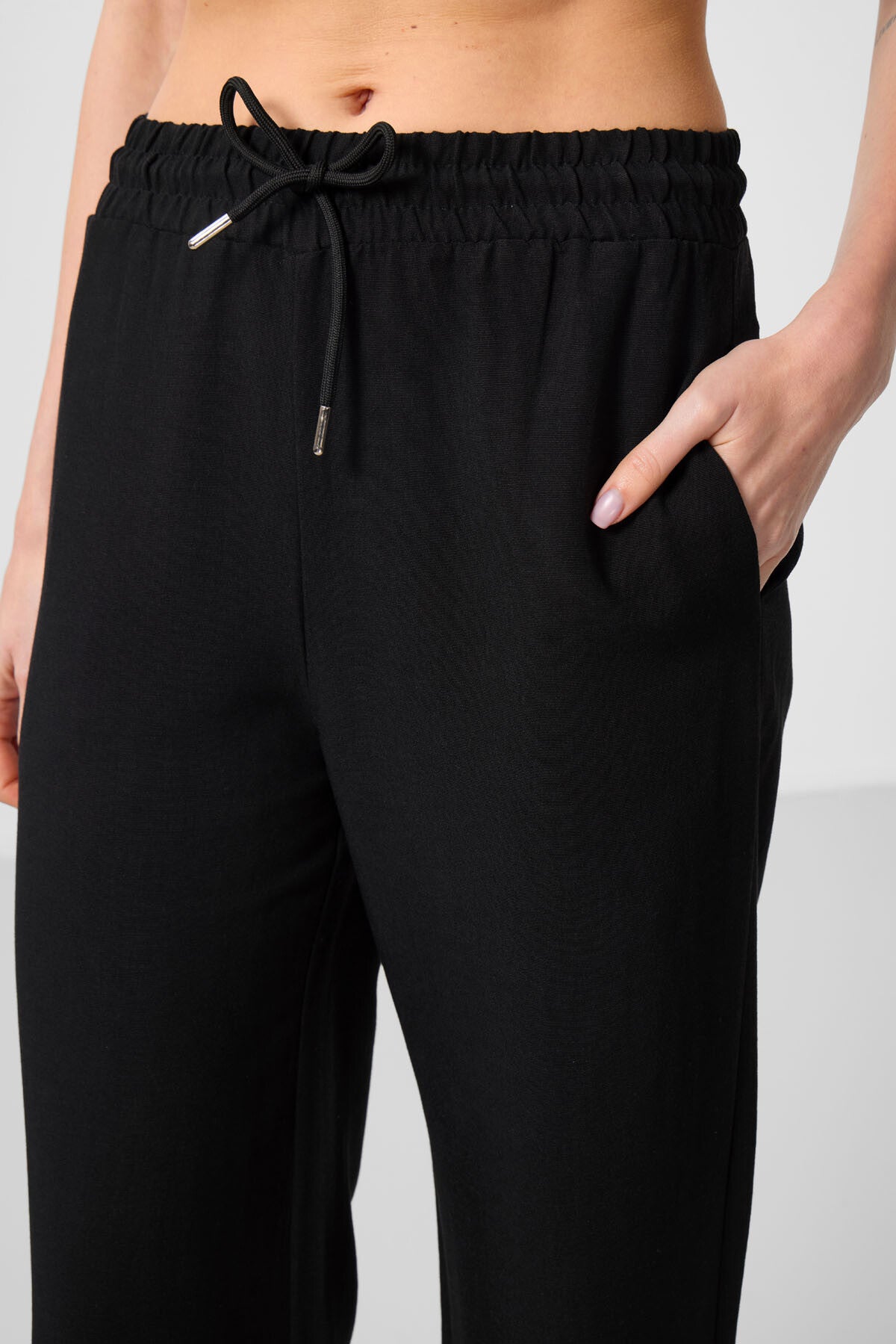 Siyah Keten Geniş Paça Rahat Form Kadın Palazzo Pantolon - 94675