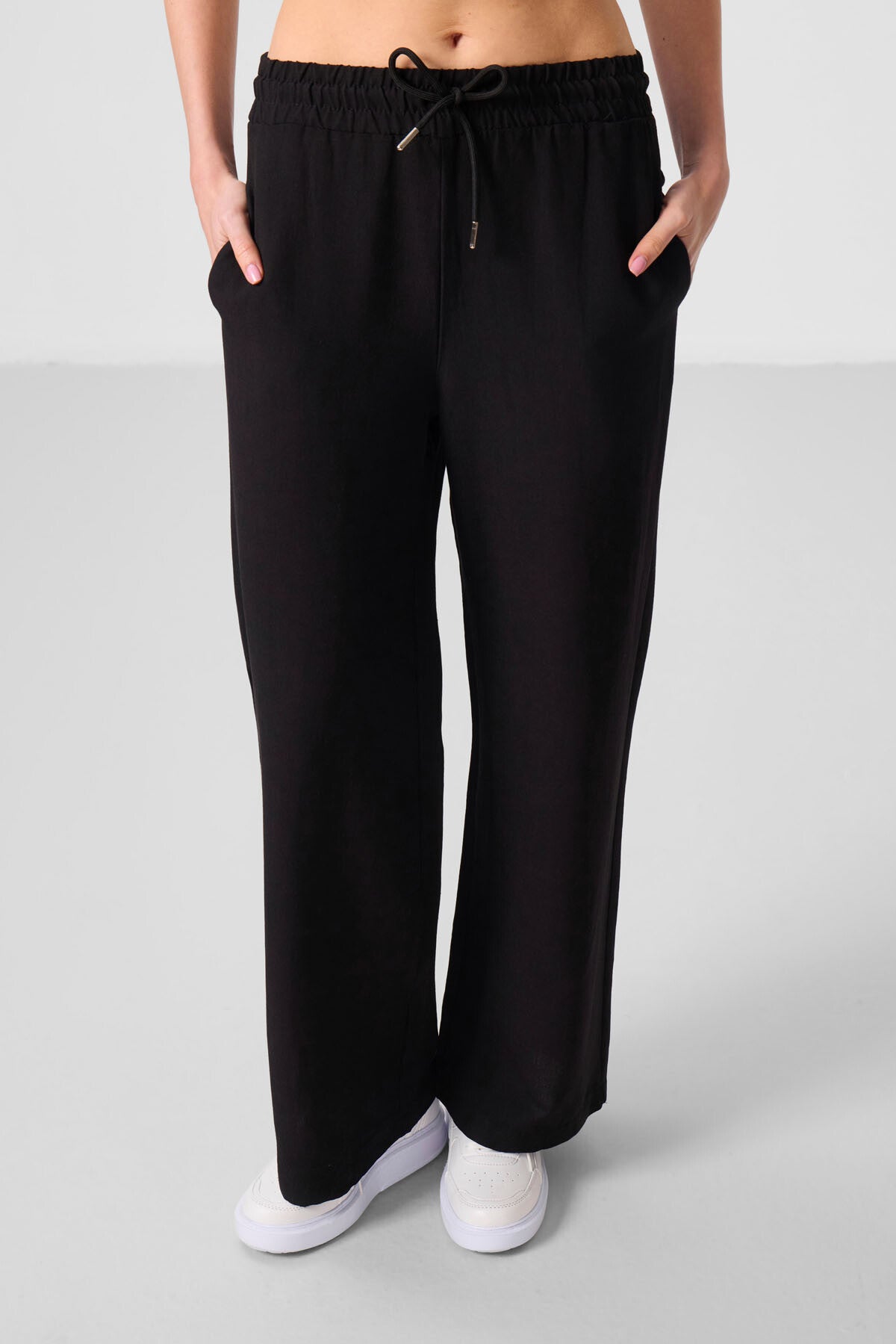 Siyah Keten Geniş Paça Rahat Form Kadın Palazzo Pantolon - 94675