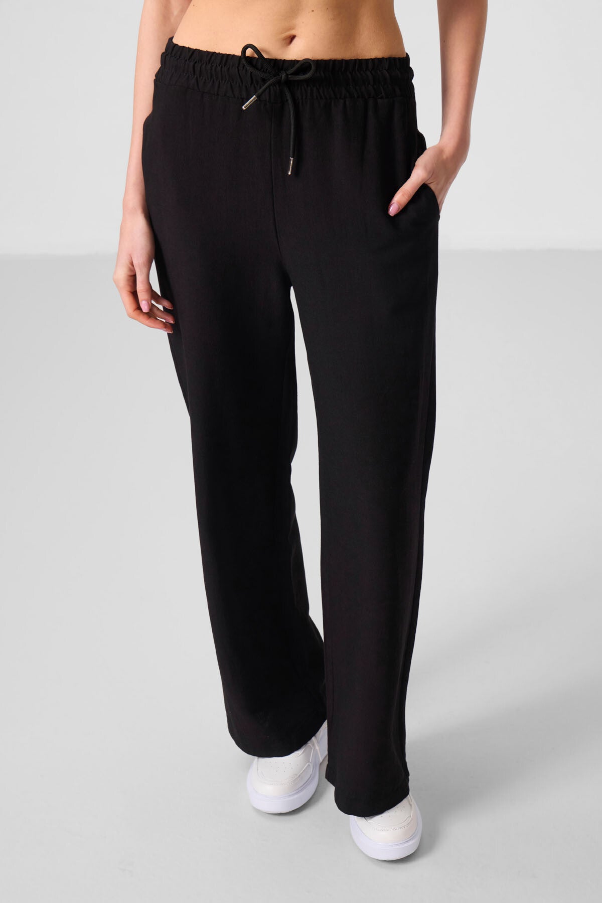 Siyah Keten Geniş Paça Rahat Form Kadın Palazzo Pantolon - 94675