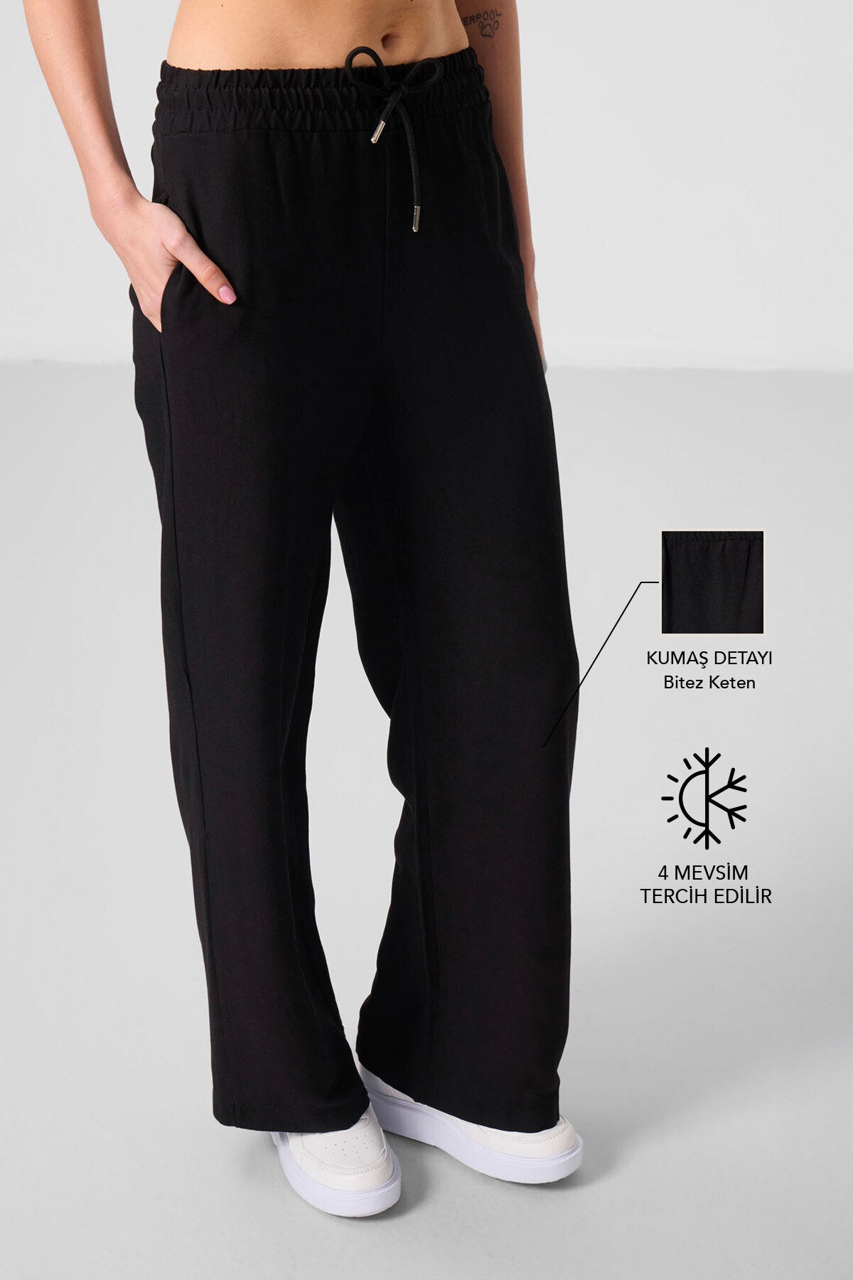 Siyah Keten Geniş Paça Rahat Form Kadın Palazzo Pantolon - 94675