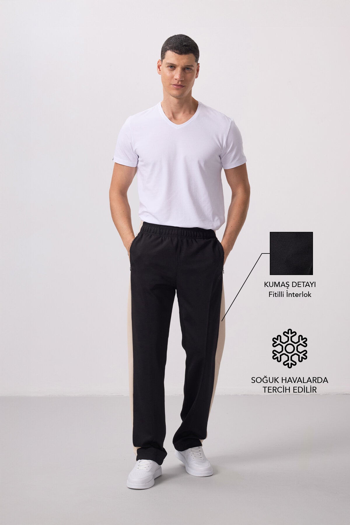 Siyah-Bej Yüzeyi Dokulu Standart Fit Palazzo Erkek Pantolon - 82171