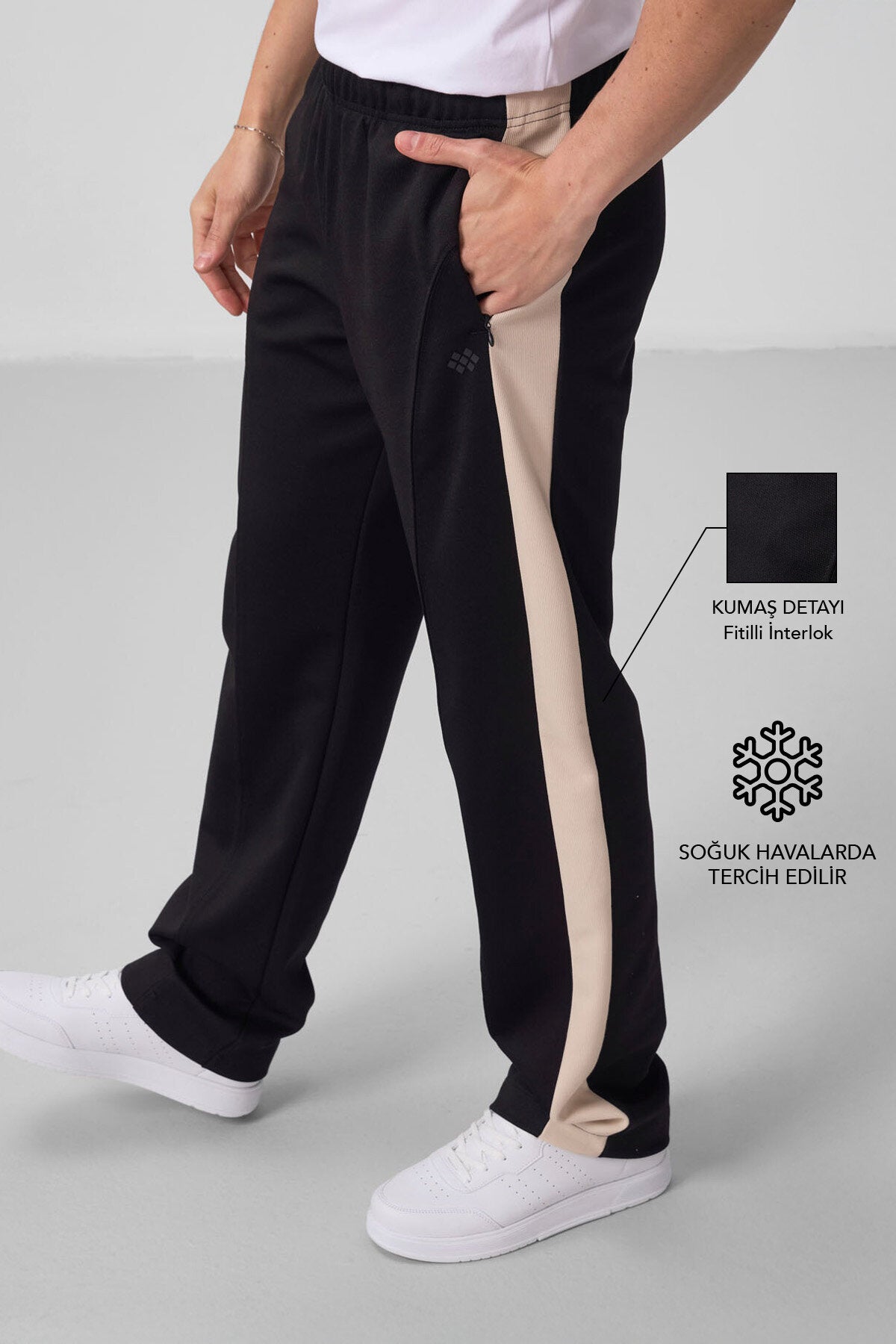 Siyah-Bej Yüzeyi Dokulu Standart Fit Palazzo Erkek Pantolon - 82171