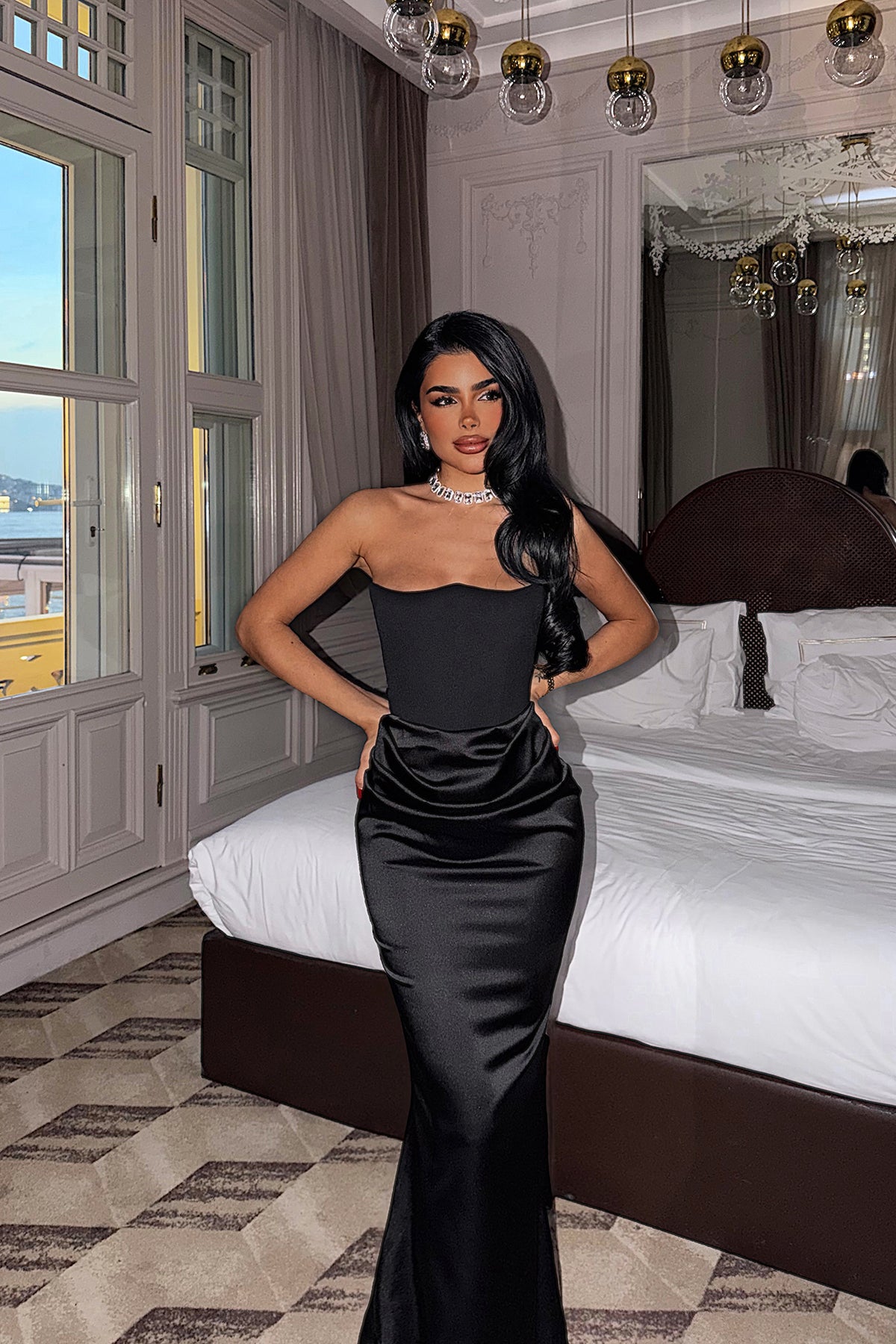 Siyah Velora Saten Elbise ATE-4380