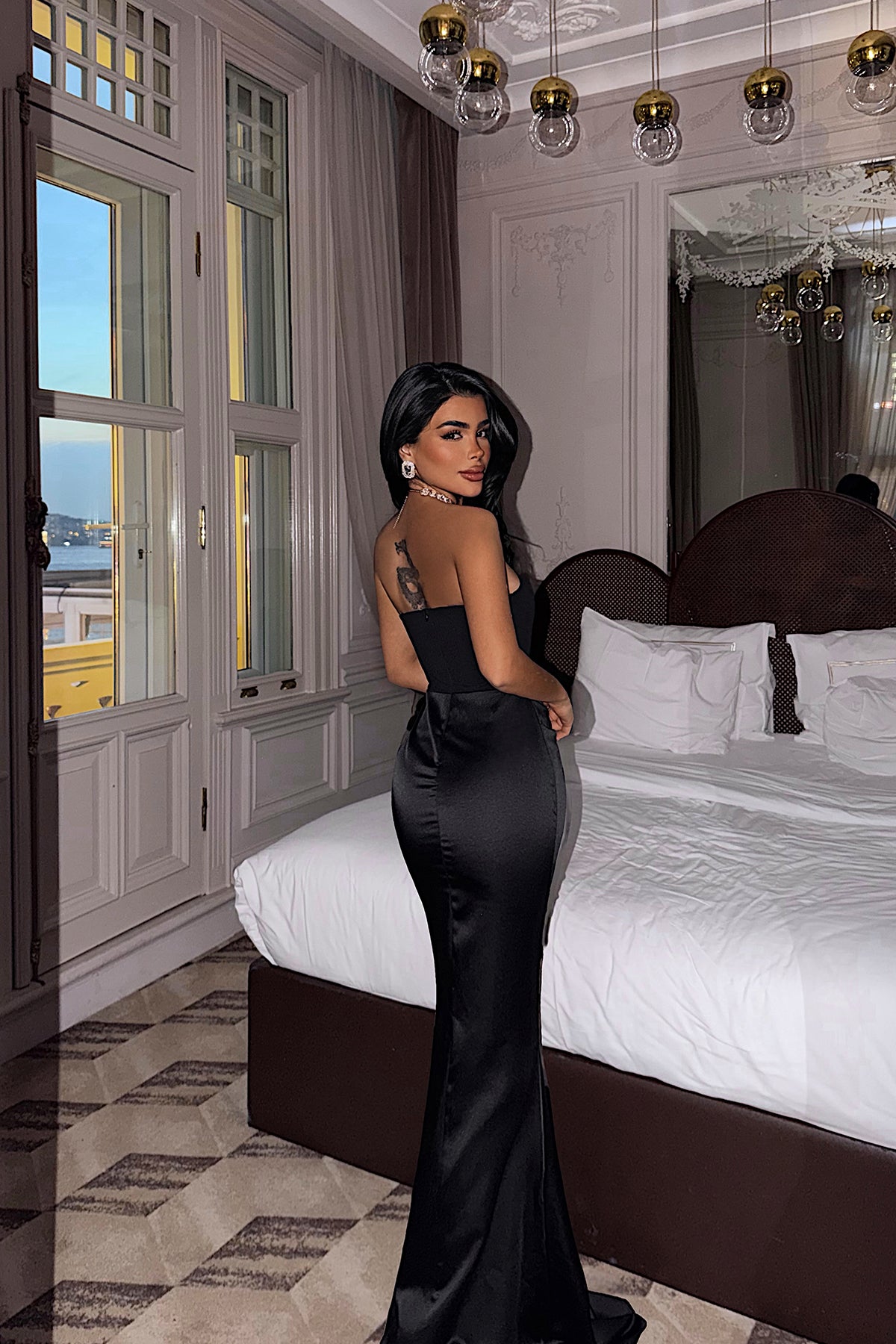 Siyah Velora Saten Elbise ATE-4380