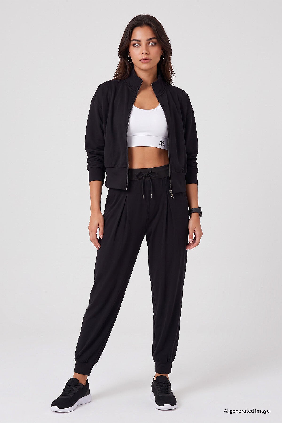 Siyah Dik Yaka Standart Kalıp Crop Kadın Sweatshirt - 97317