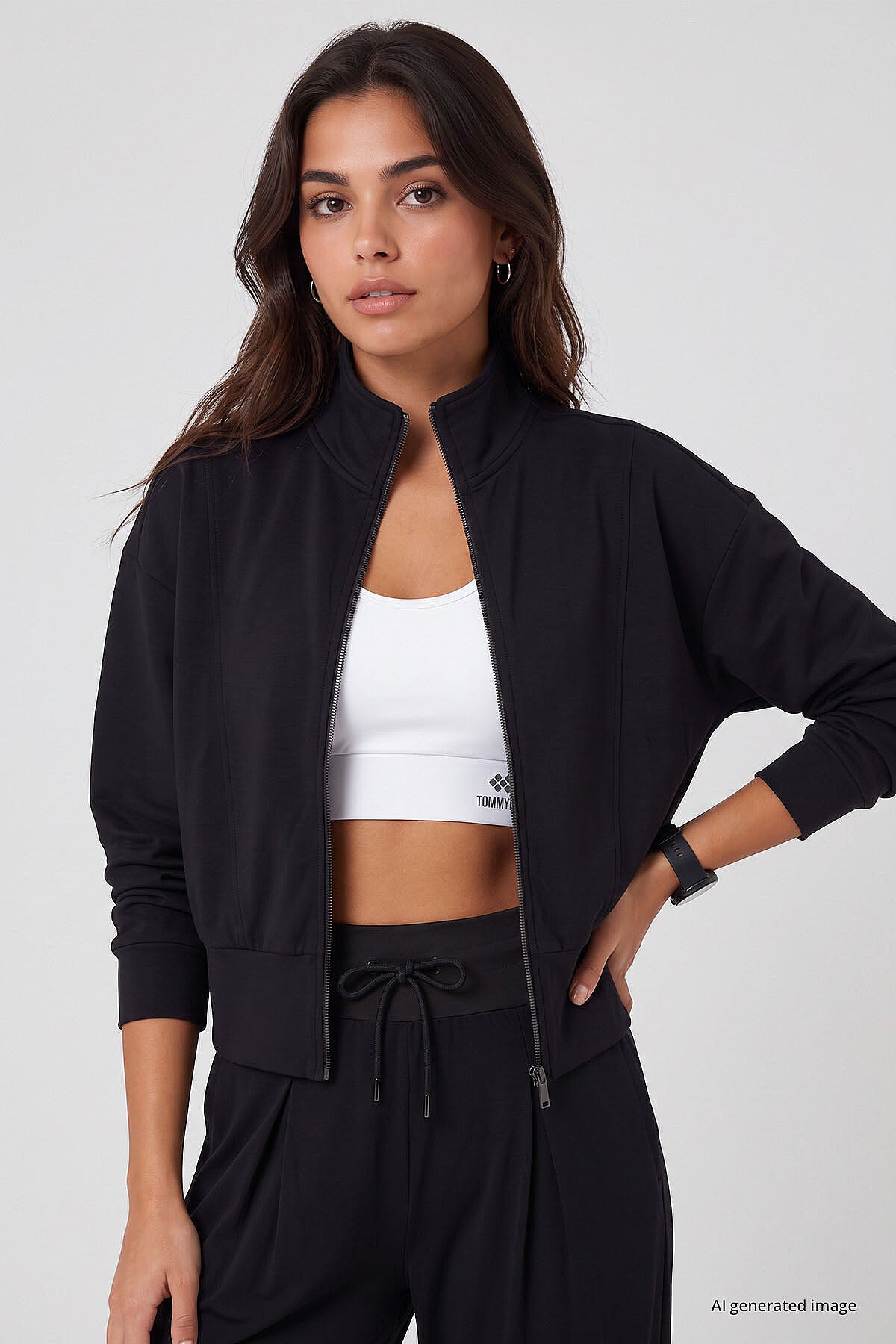 Siyah Dik Yaka Standart Kalıp Crop Kadın Sweatshirt - 97317