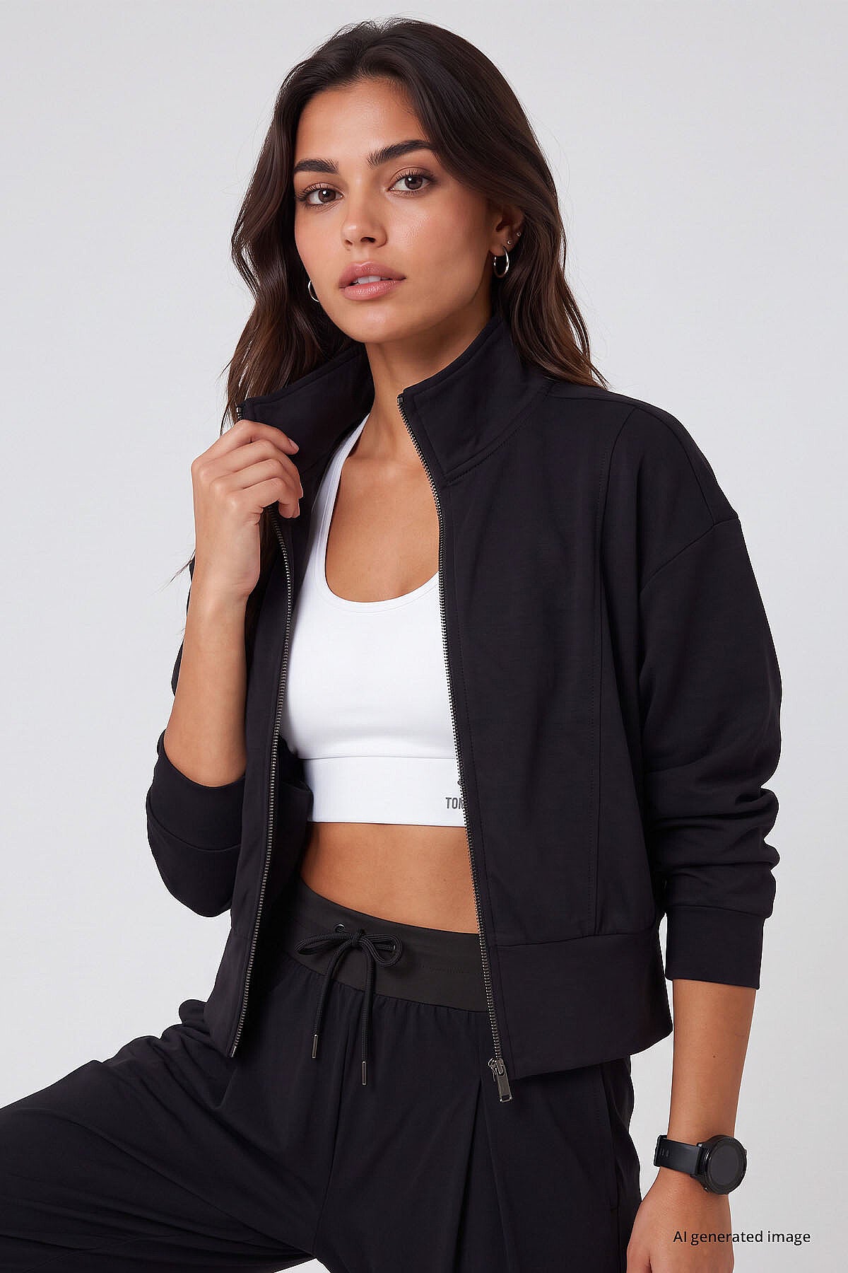 Siyah Dik Yaka Standart Kalıp Crop Kadın Sweatshirt - 97317