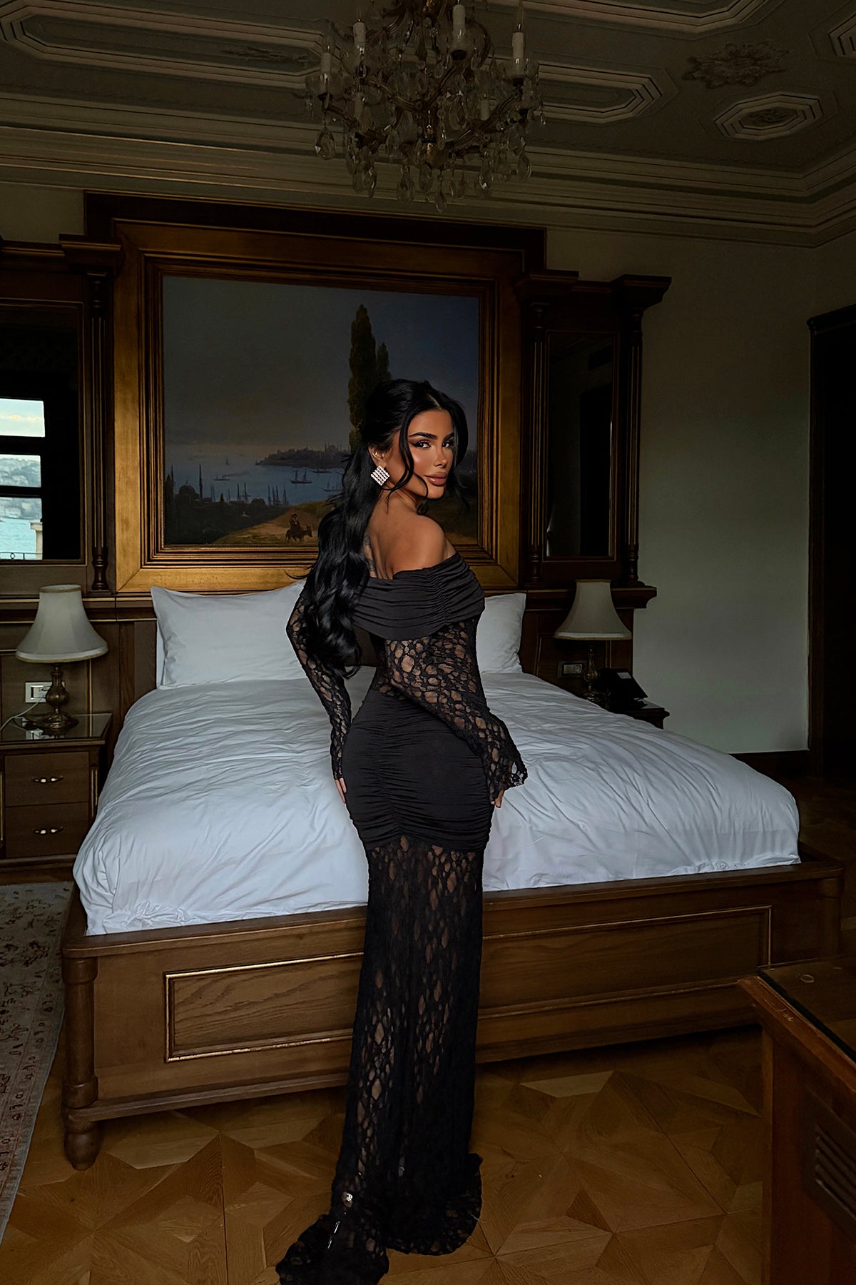 Siyah Ellodie dantel uzun elbise ATE-4535