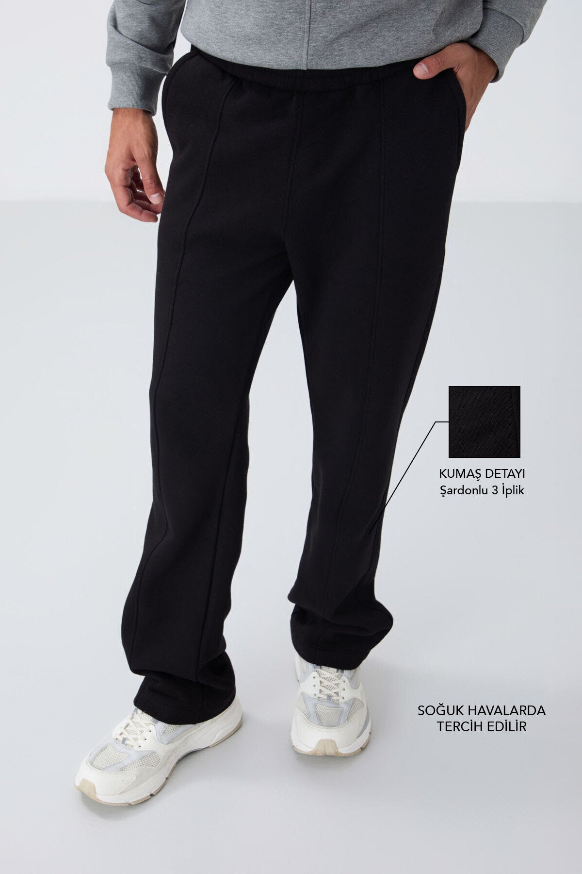 Siyah Pamuklu Kalın İçi Tüylü Yumuşak Dokulu Oversize Nakışlı Erkek Eşofman Altı -82146