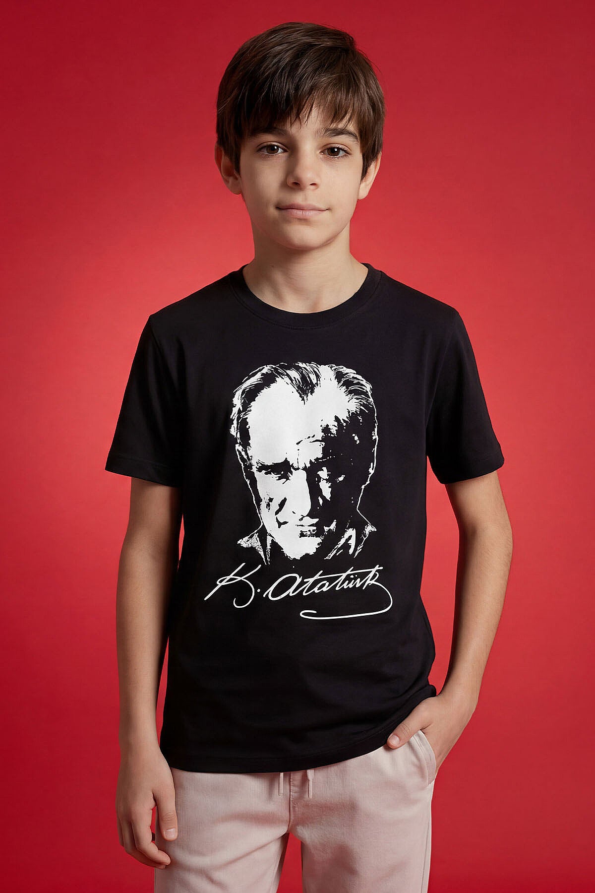 Siyah Atatürk Baskılı Unisex Çocuk T-Shirt - 11332