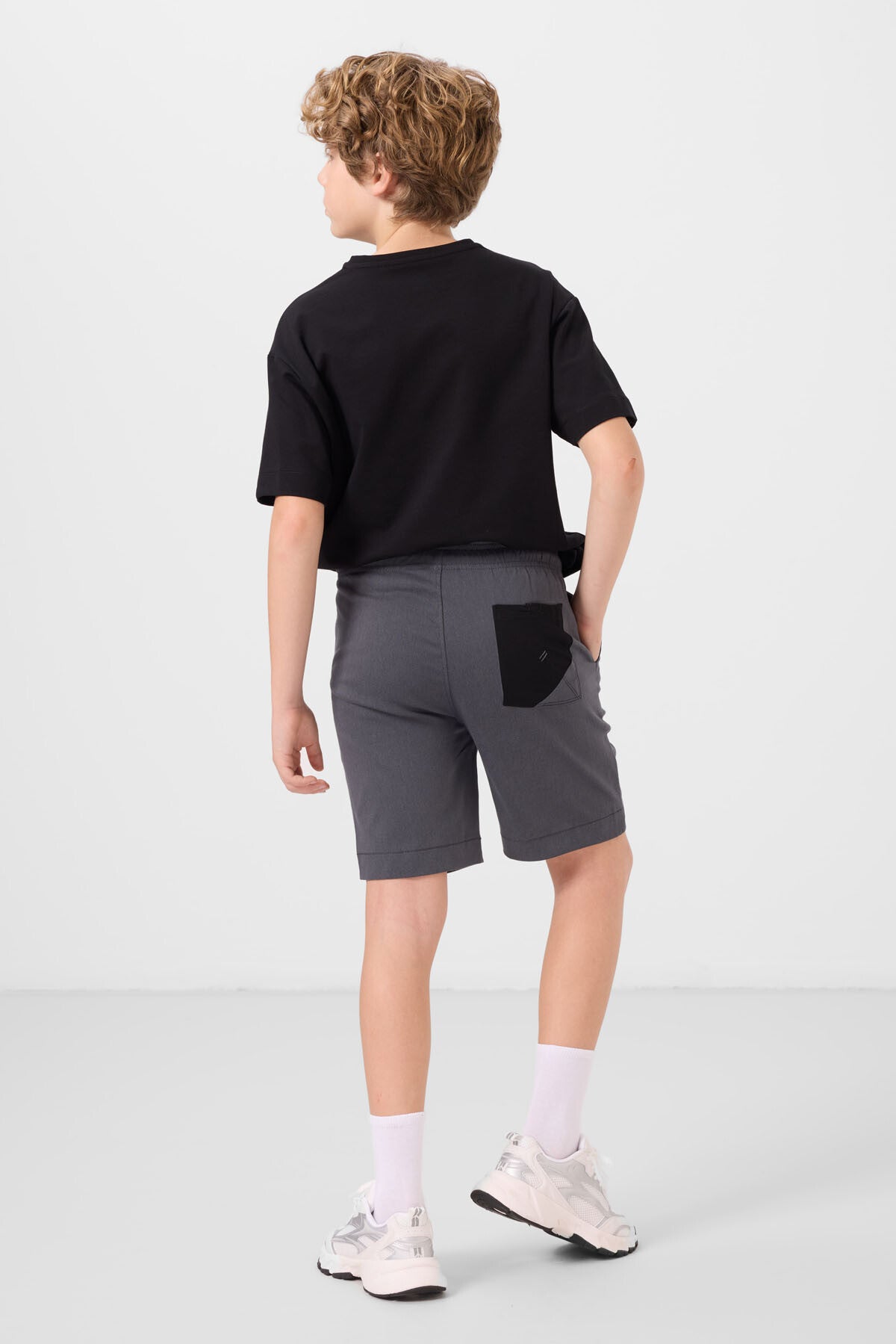 Siyah-Gri Pamuklu Oversize Fit Dokuma Hafif Esnek Chino Erkek Çocuk Şort Takım - 11278