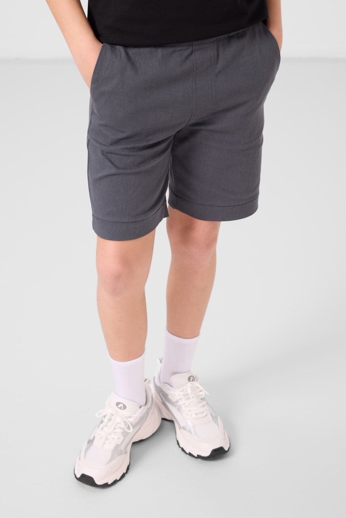 Siyah-Gri Pamuklu Oversize Fit Dokuma Hafif Esnek Chino Erkek Çocuk Şort Takım - 11278