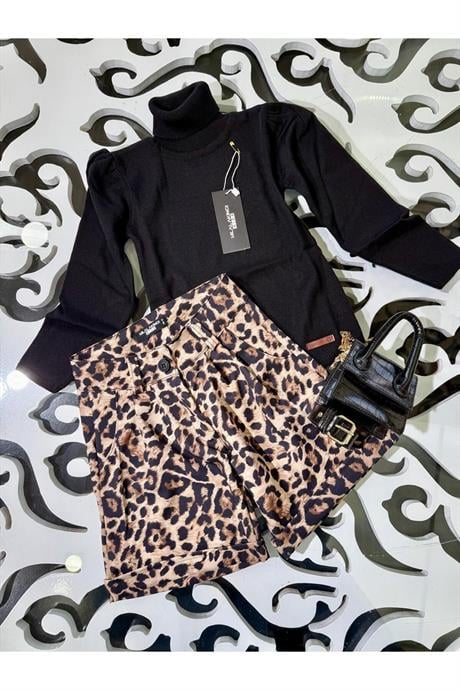 Siyah Kazak , Leopar Desenli Şort ve Çanta Takımı Siyah 12 Yaş