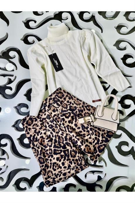 Siyah Kazak , Leopar Desenli Şort ve Çanta Takımı Krem 12 Yaş