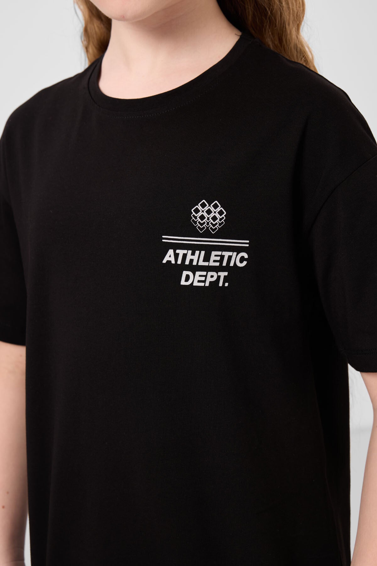 Siyah Pamuklu O Yaka Oversize Fit Baskılı Kız Çocuk T-Shirt - 75178