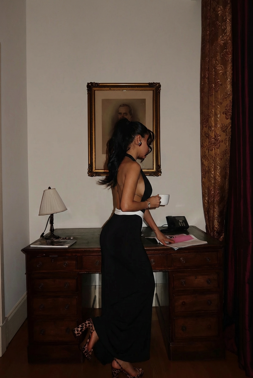 Siyah Giselle Fiyonk Detaylı Yırtmaçlı Elbise ATE-3026