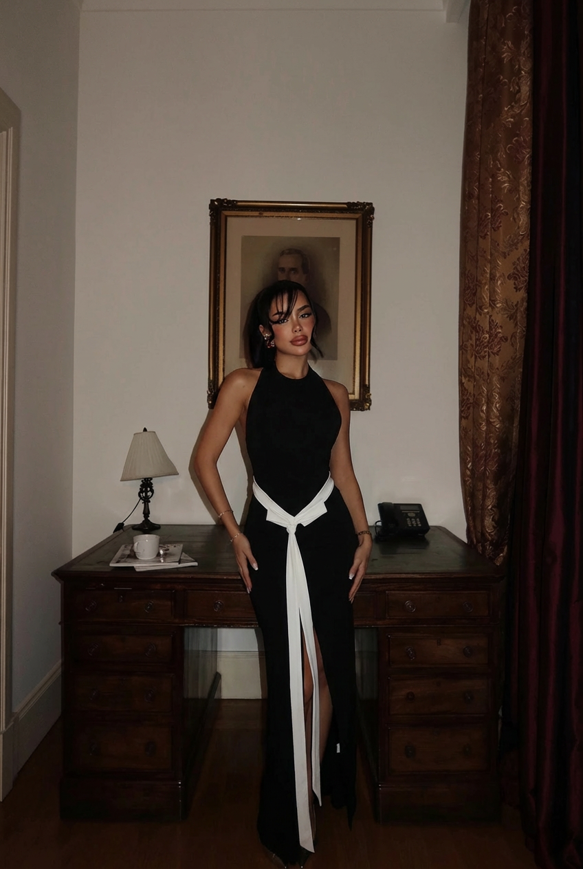 Siyah Giselle Fiyonk Detaylı Yırtmaçlı Elbise ATE-3026