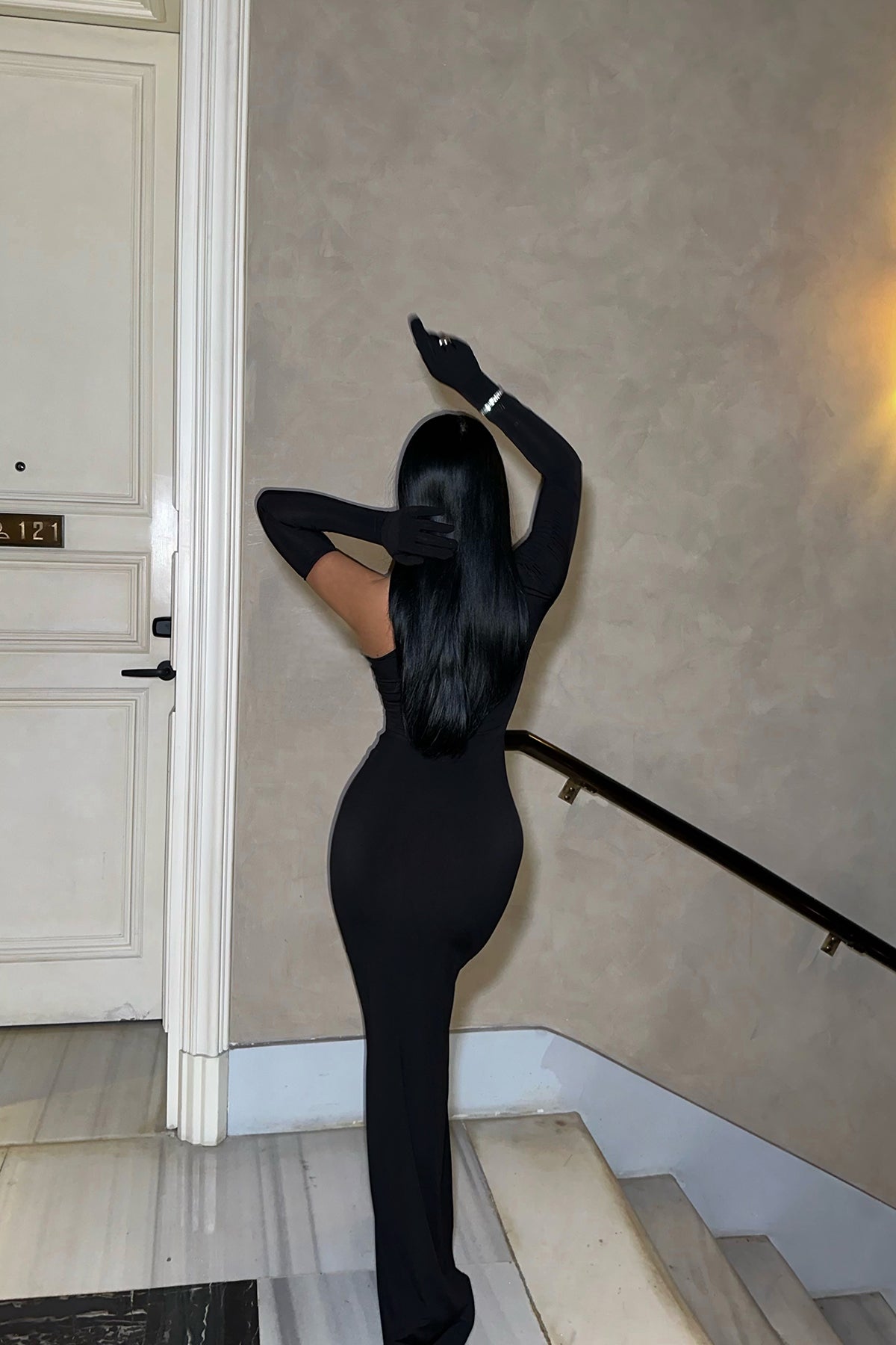 Siyah Pencere Detay Eldivenli Elbise ATE-0346