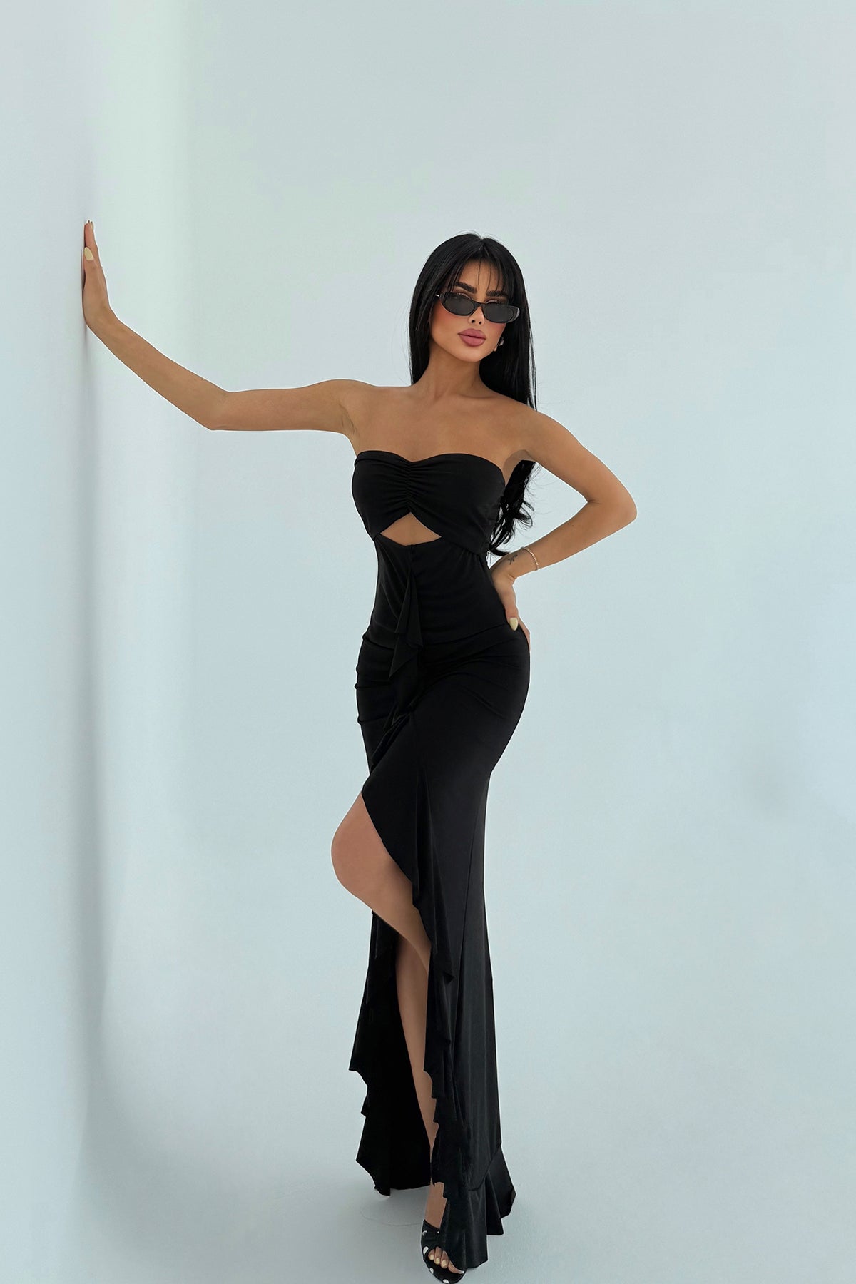 Siyah Pencere Detay Uzun Elbise ATE-2931