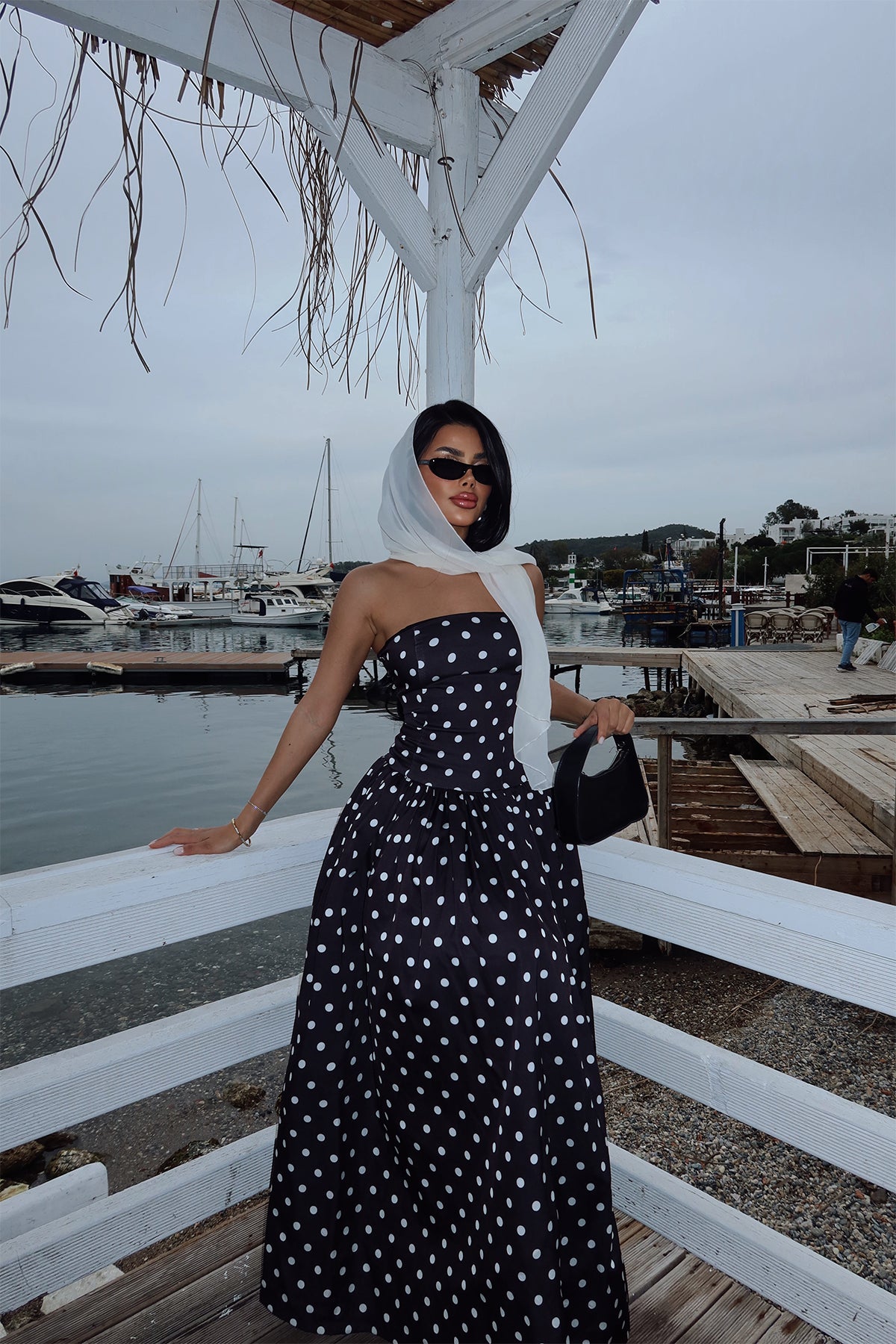 Siyah Tara Puantiyeli Uzun Elbise ATE-2506