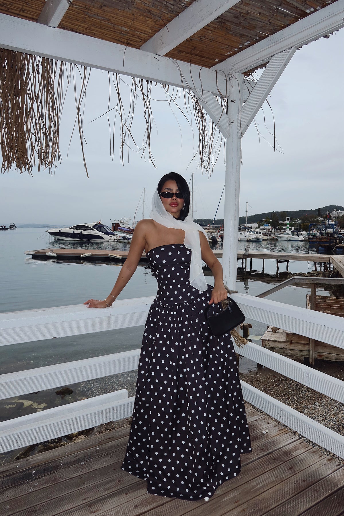 Siyah Tara Puantiyeli Uzun Elbise ATE-2506