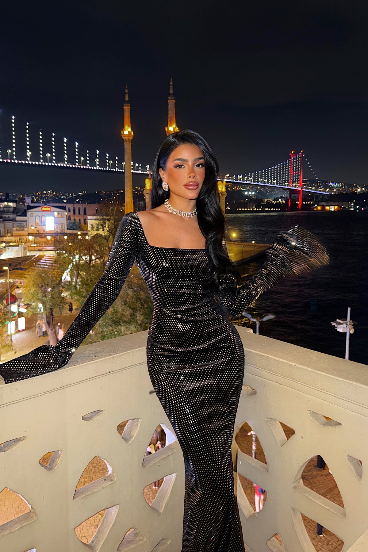 Siyah Tanith uzun ışıltılı elbise ATE-4187