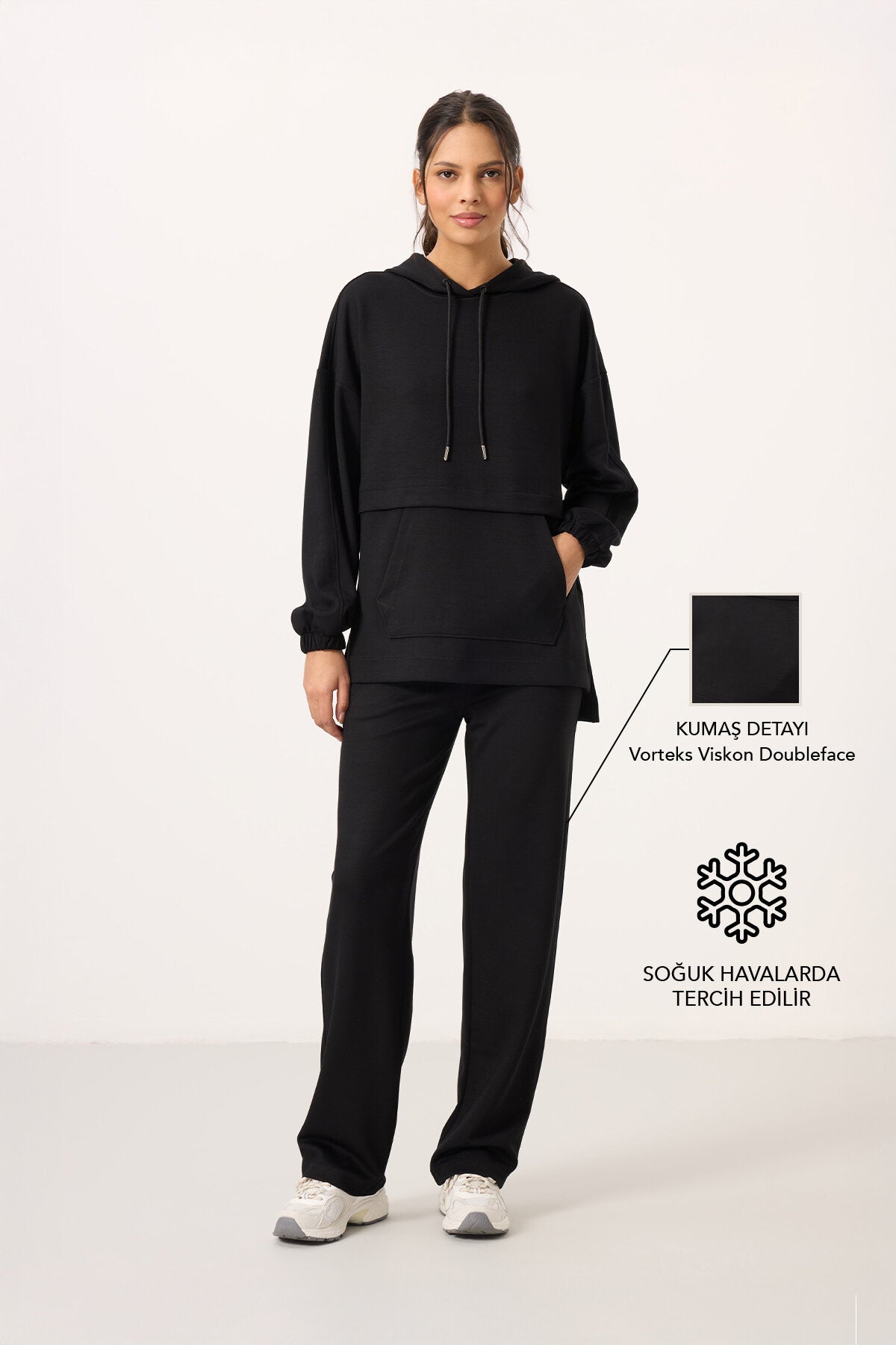 Siyah Yumuşak Dokulu Kapüşonlu Oversize Kadın Eşofman Tunik Takım - 95348