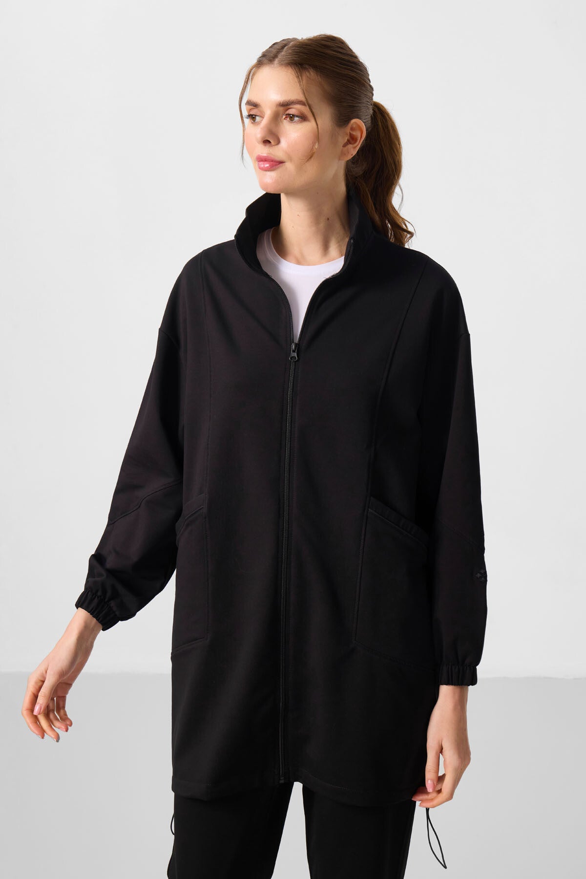 Siyah Dik Yaka Fermuarlı Rahat Form Kadın Eşofman Tunik Takım - 95345