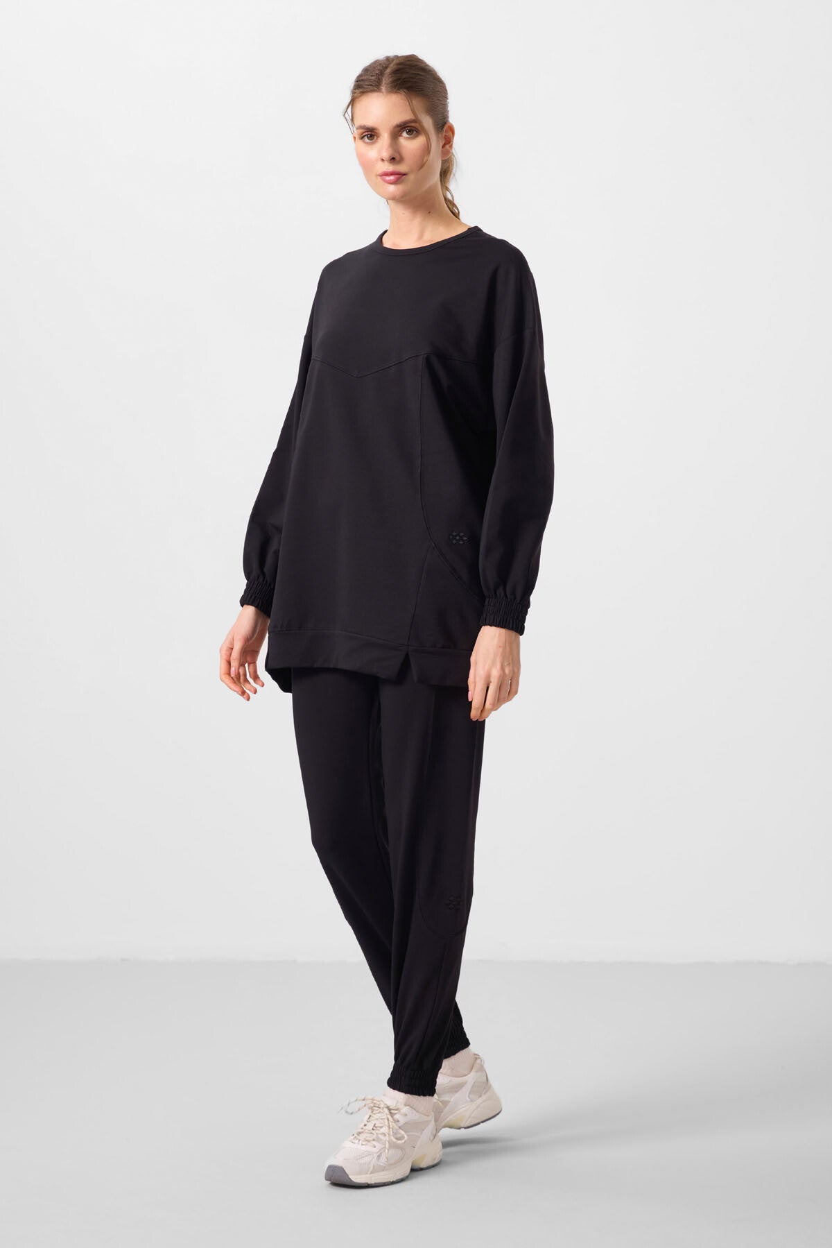 Siyah O Yaka Basic Oversize Kadın Eşofman Tunik Takım - 95347
