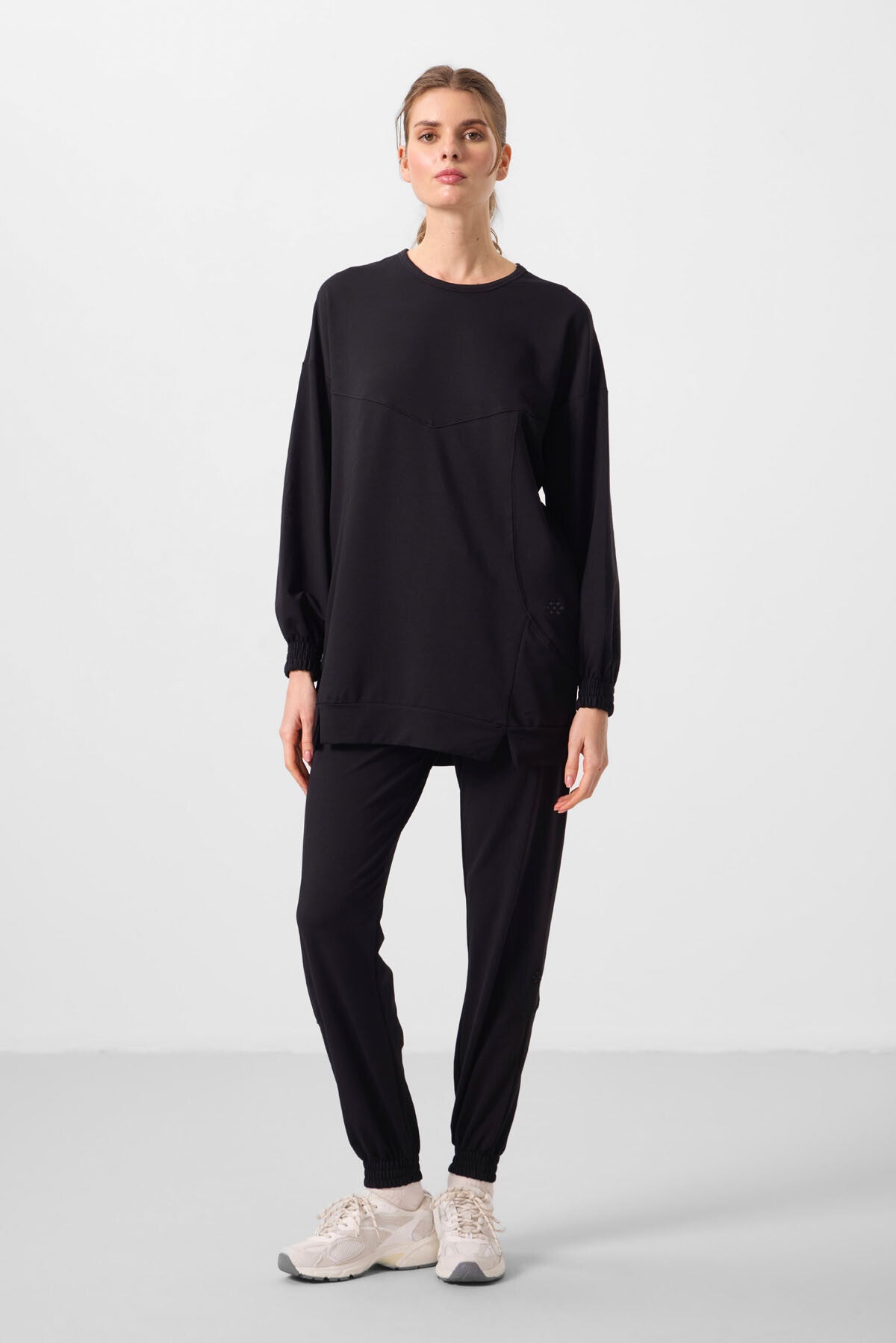 Siyah O Yaka Basic Oversize Kadın Eşofman Tunik Takım - 95347